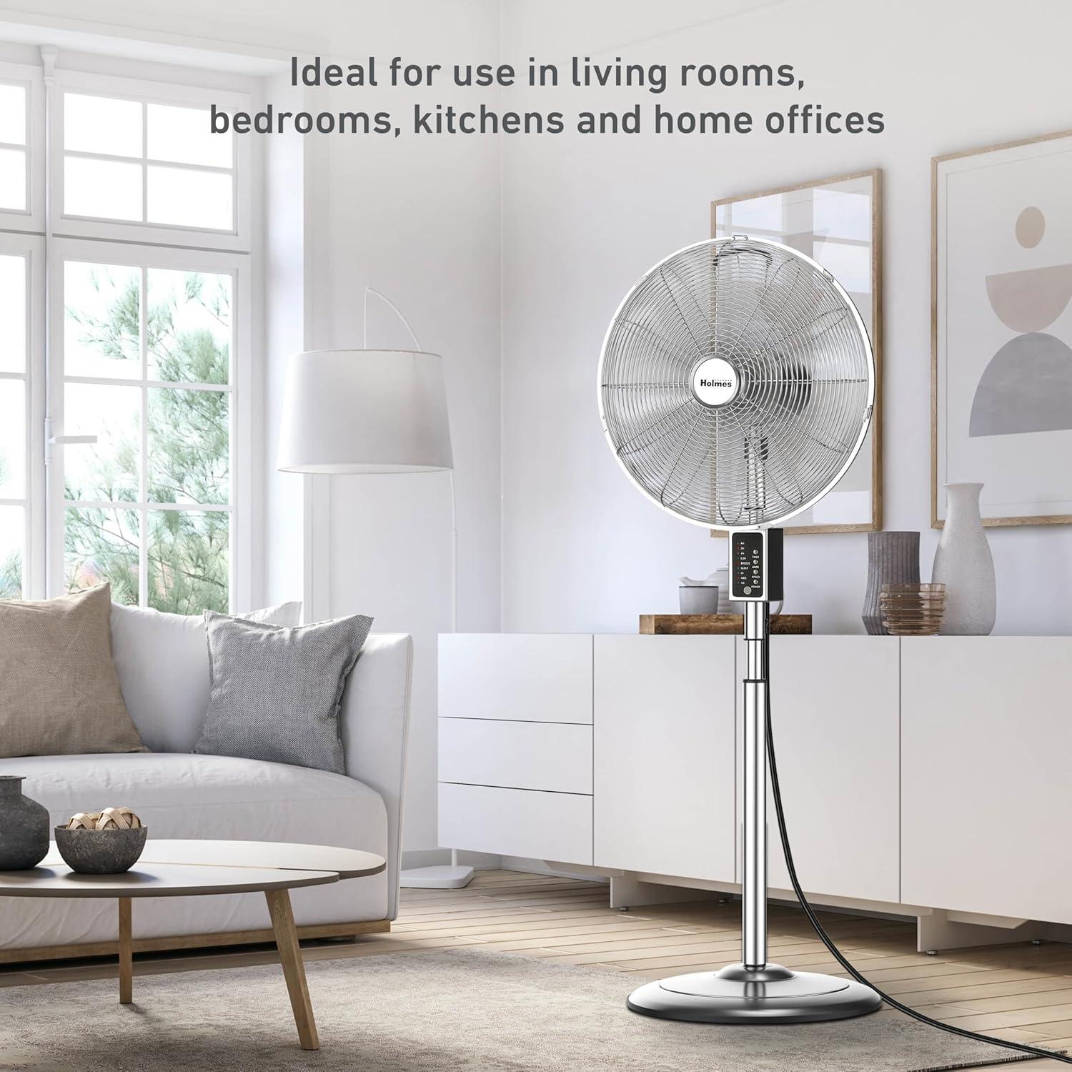 Holmes 16” Digital Oscillating Metal Stand Fan, 3 Speeds, Adjustable Height, Remote Control, Chrome