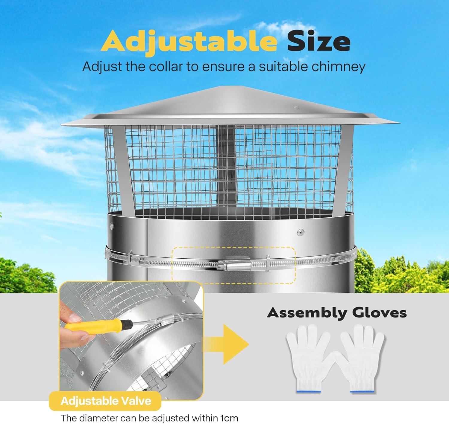 SPECSTAR 12" Cone Top Chimney Cap with Screen, Round Roof Rain Chimney Cover, Galvanized Steel Fireplace Exhaust Cap, Adjustable Roof Cap for Vent