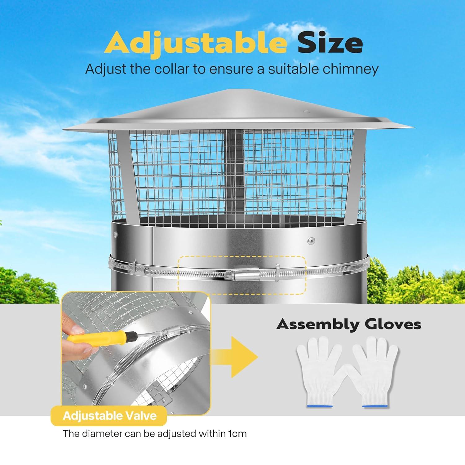 SPECSTAR 12" Cone Top Chimney Cap with Screen, Round Roof Rain Chimney Cover, Galvanized Steel Fireplace Exhaust Cap, Adjustable Roof Cap for Vent