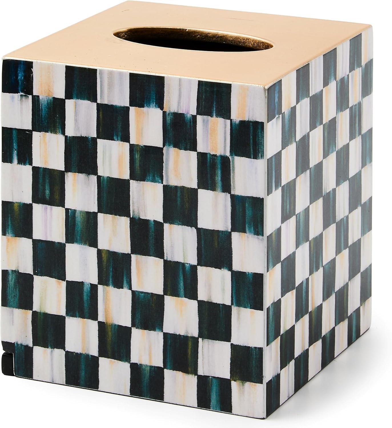 Gold and Blue Checkered Lacquer Tissue Box Cover