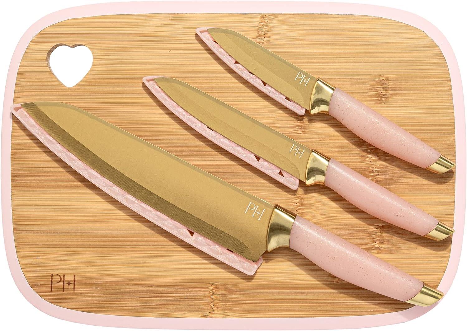 Paris Hilton 7-Piece Reversible Bamboo Heart Cutting Board and Stainless Steel Cutlery Set, Pink