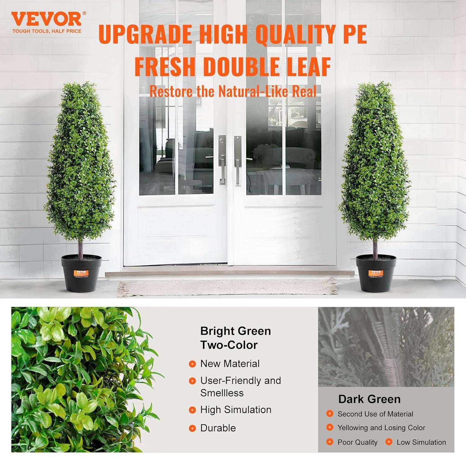 VEVOR Artificial Boxwood Topiary Tree, 36 inch Tall (2 Pieces), Faux Topiary Trees, Green Faux Plant w/Extra Leaves & Pot & Small Decoration, UV Rated Greenery Set for Home Decor Indoor/Outdoor