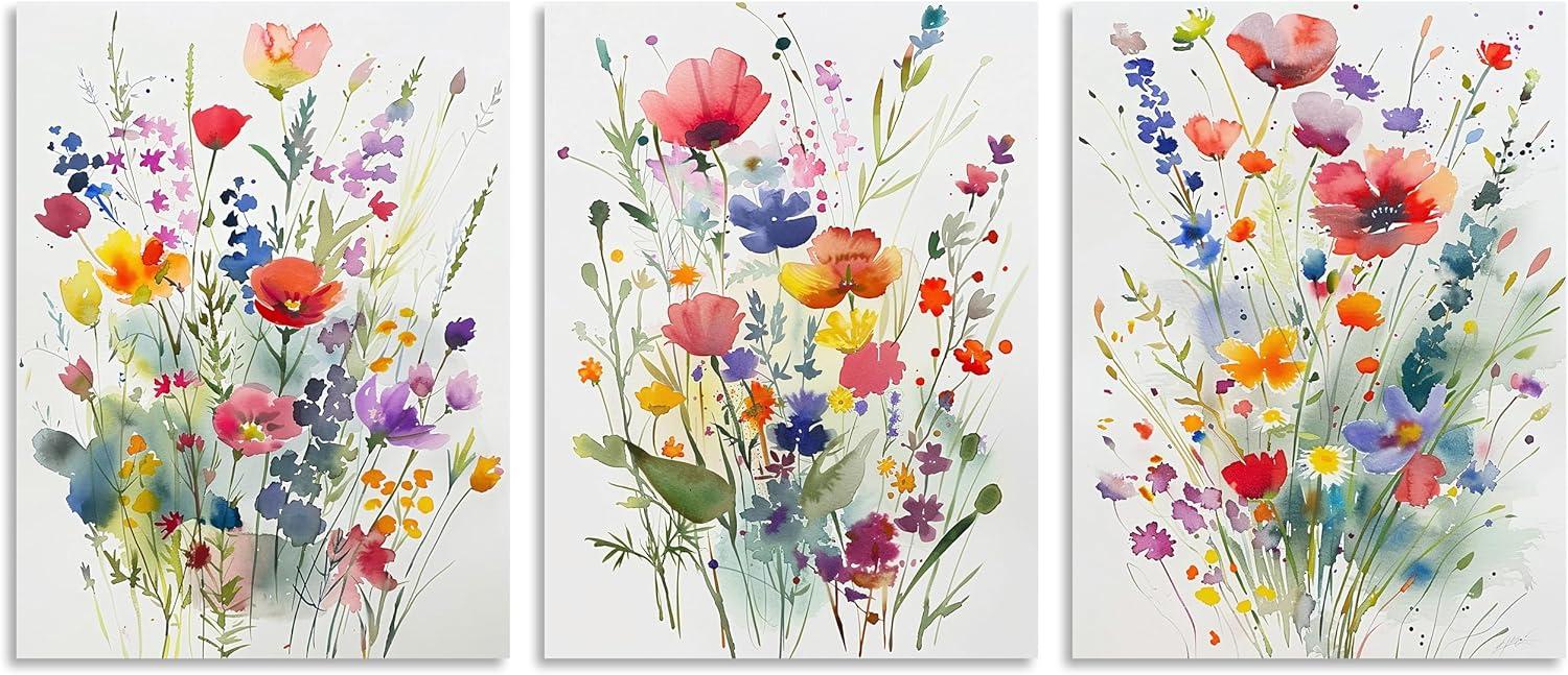 JRXY 3 Pcs Framed Watercolor Floral Botanical Canvas Wall Art Colorful Wildflower Plant Paintings Prints Posters 12x16 in