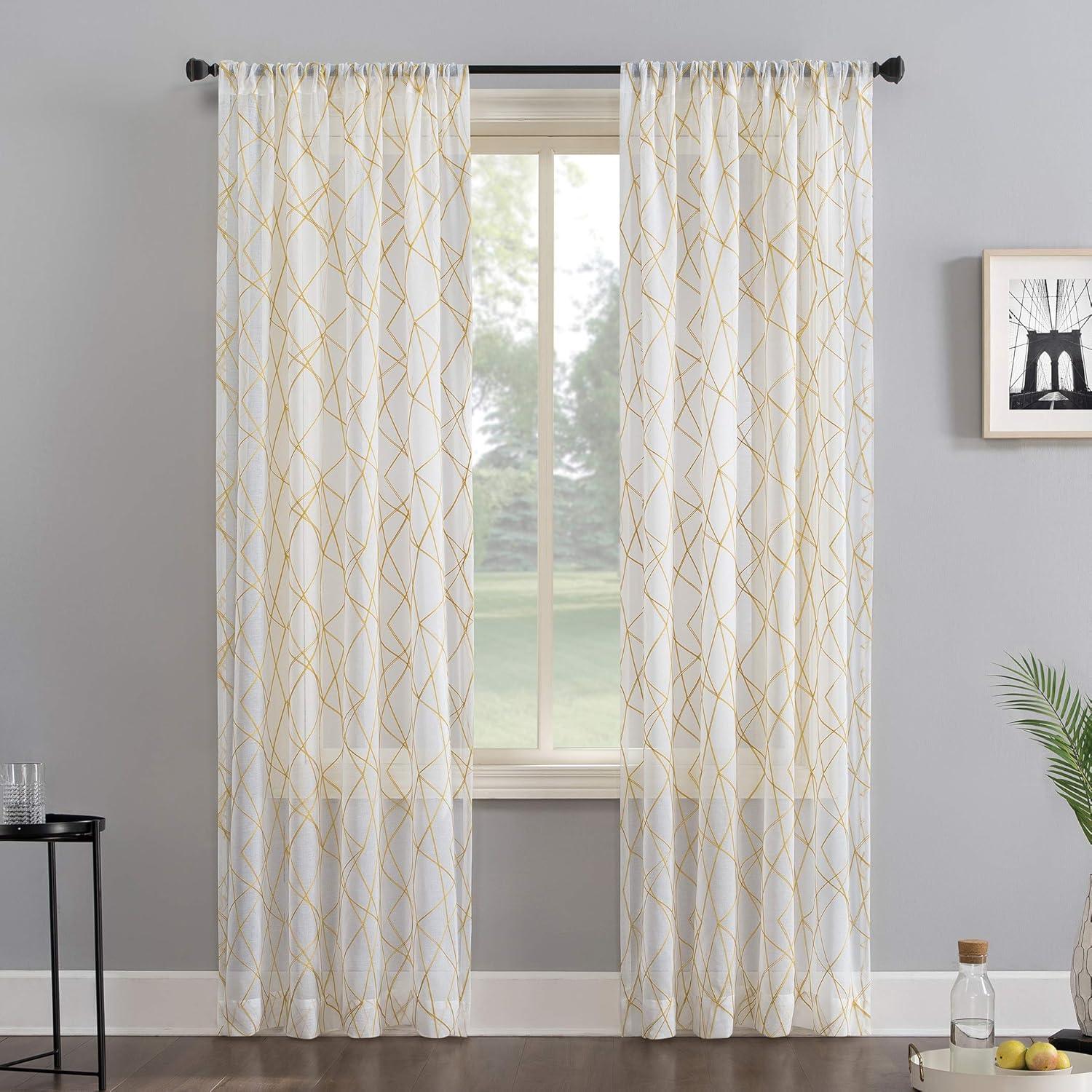 50"x84" No. 918 Light Filtering Abstract Geometric Embroidery Rod Pocket Curtain Panel Gold: Modern Window Decor