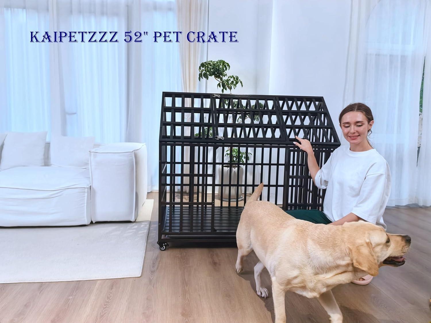 52" Heavy Duty Dog Crate Large Dog cage Strong Metal Dog Kennels and Crates for Large Dogs with 4 Lockable Wheels
