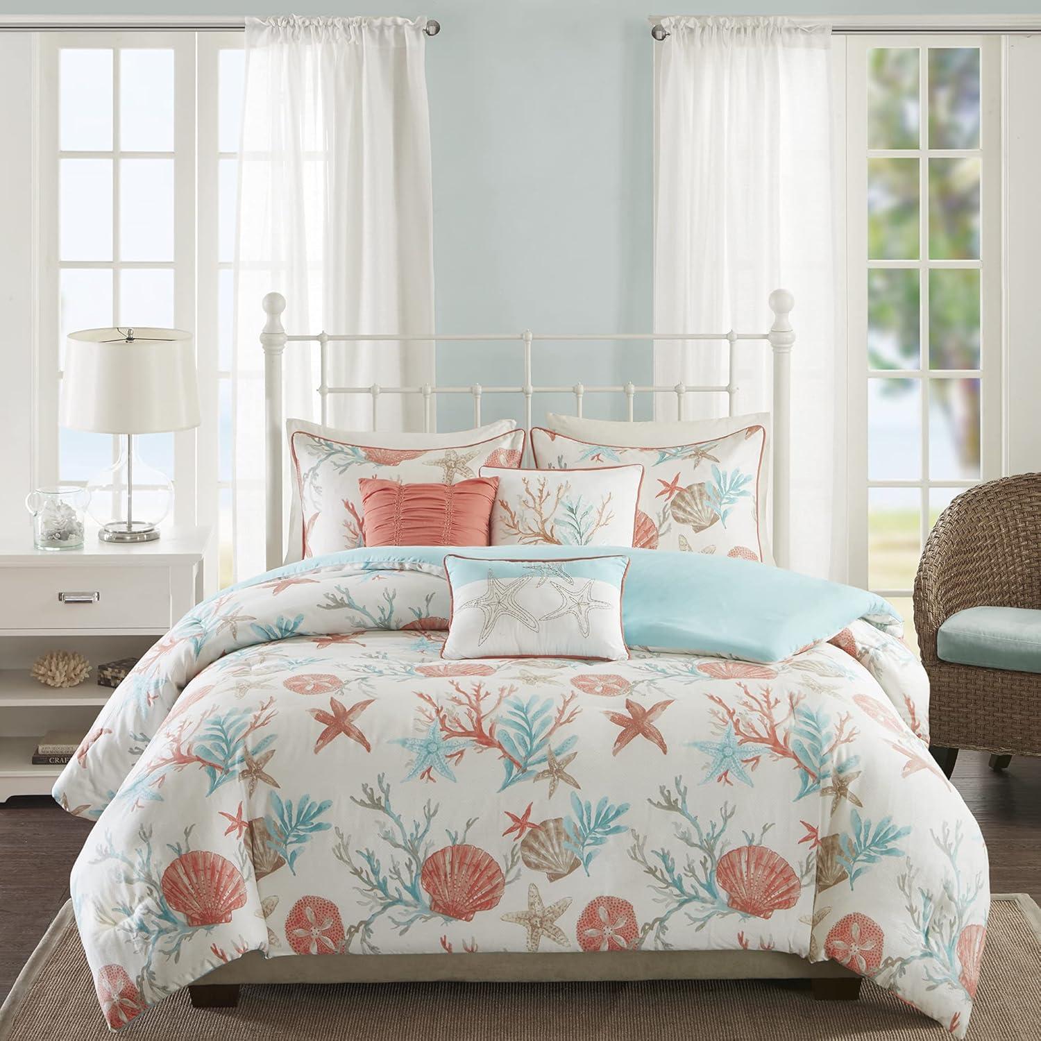 Coral and Teal Coastal Cotton Duvet Cover Set, Full/Queen, 6 Pieces