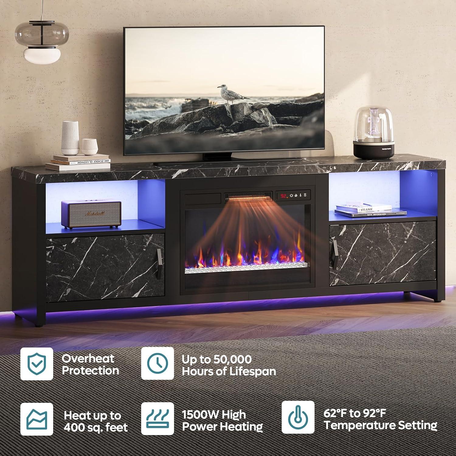 Black Marble 70'' TV Stand with Electric Fireplace and Cabinets