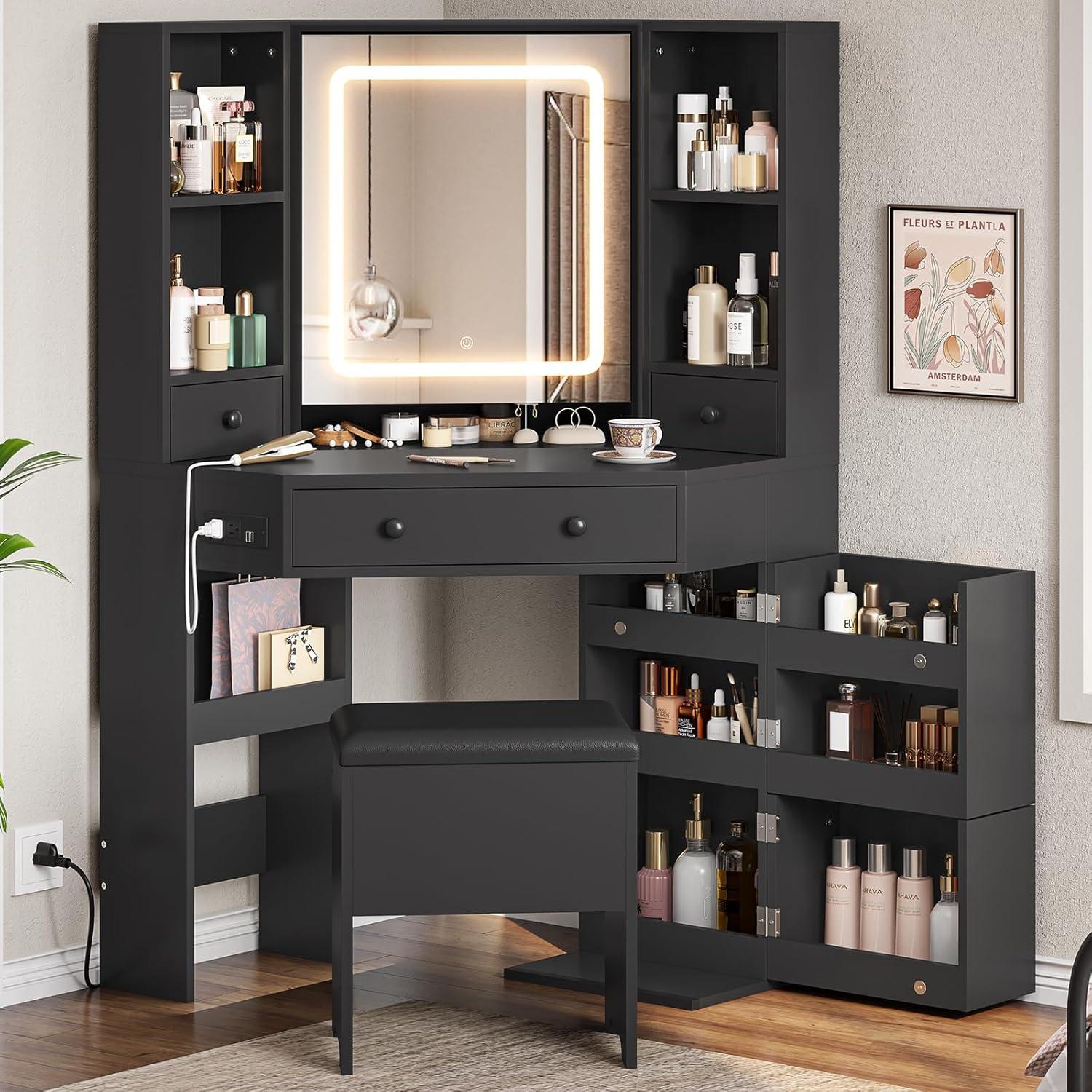 Afuhokles Corner Vanity Set with Lighted Mirror and Charging Station, Vanity Desk with Stool, Rotating Shelves, Black