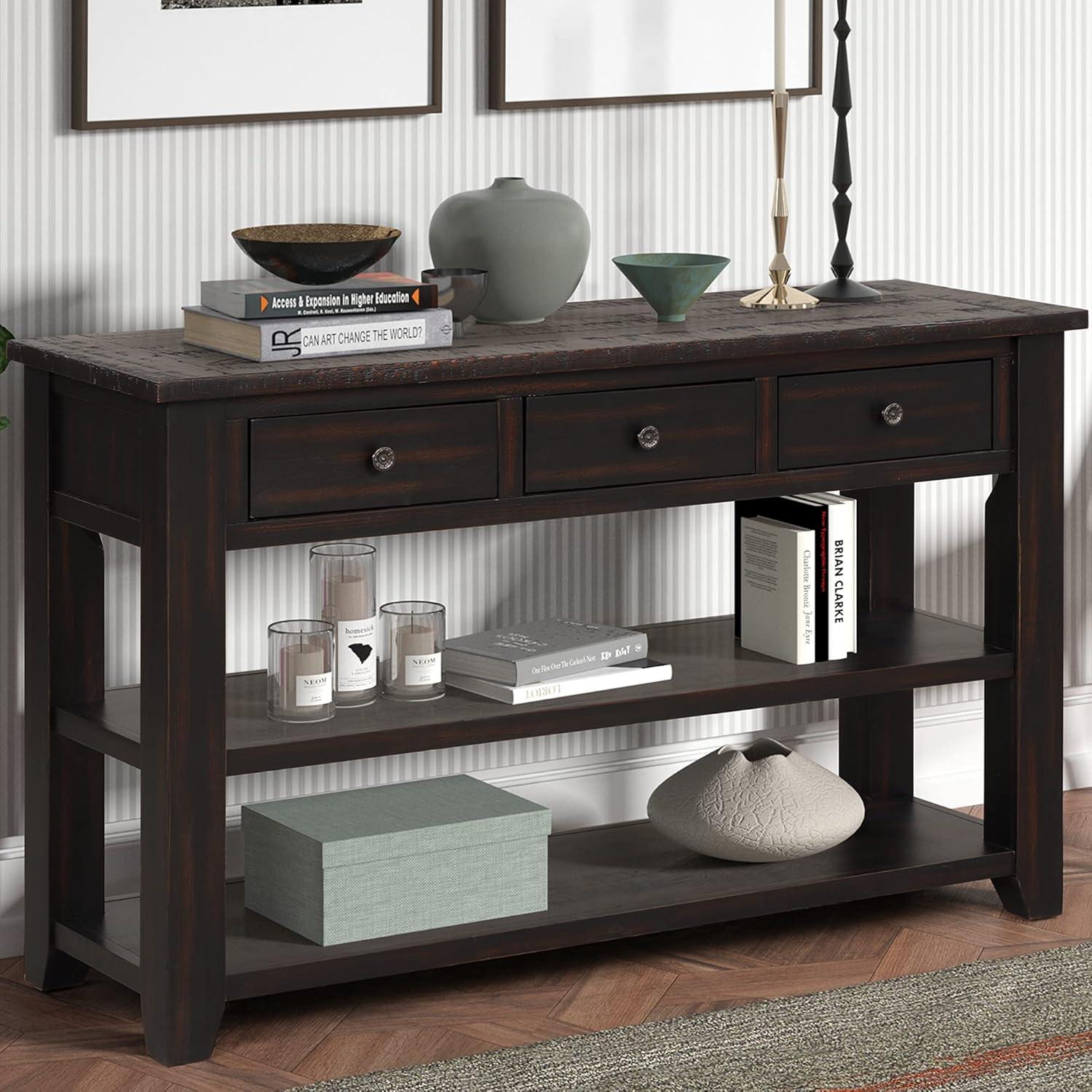 48-Inch Black Pine Wood Console Table with Drawers and Shelves