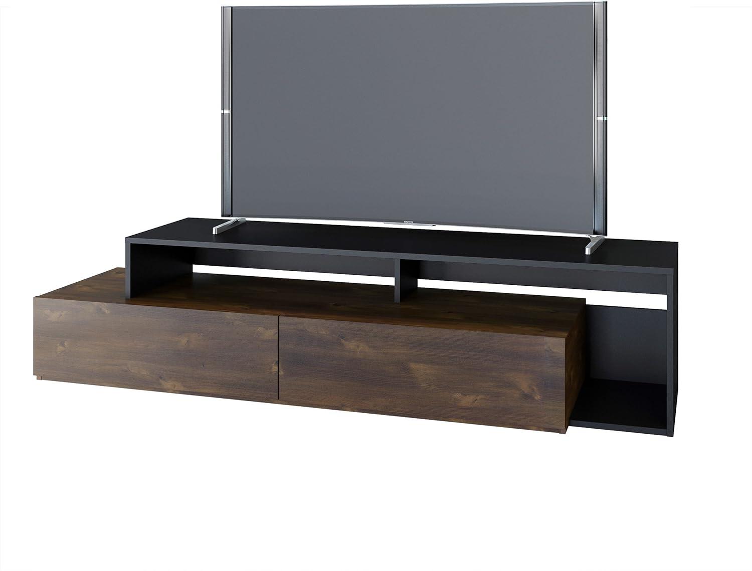 Modern Truffle & Black TV Stand with Cabinet & Open Shelves