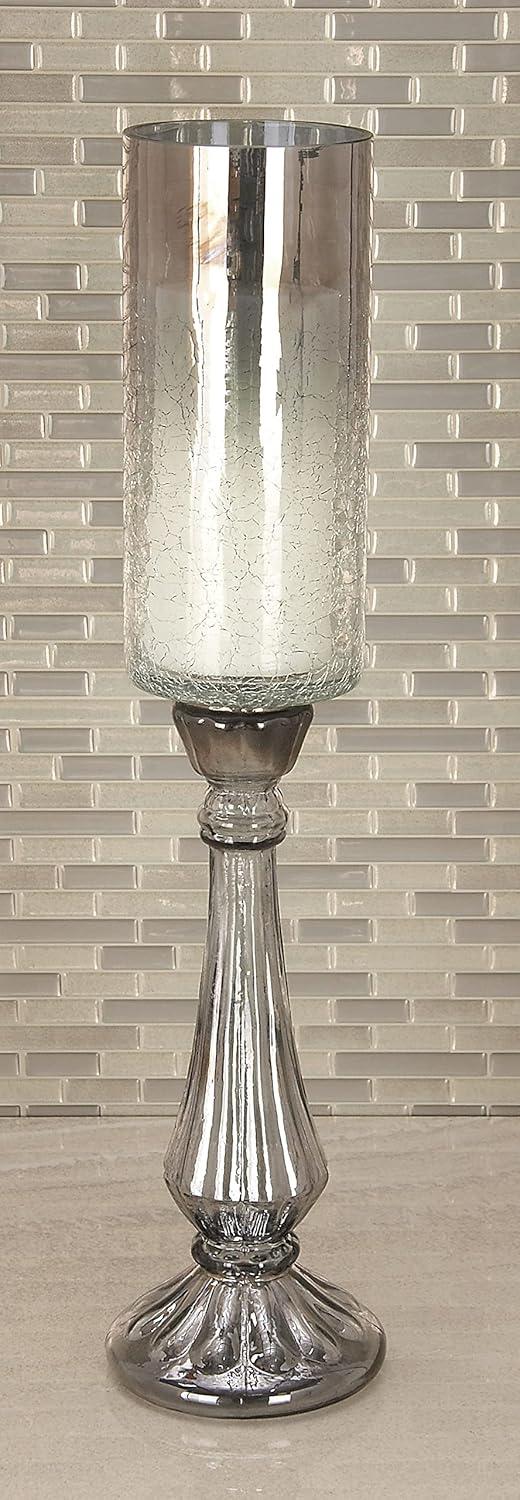 DecMode Silver Glass Handmade Turned Style Pillar Hurricane Lamp with Faux Mercury Glass Finish