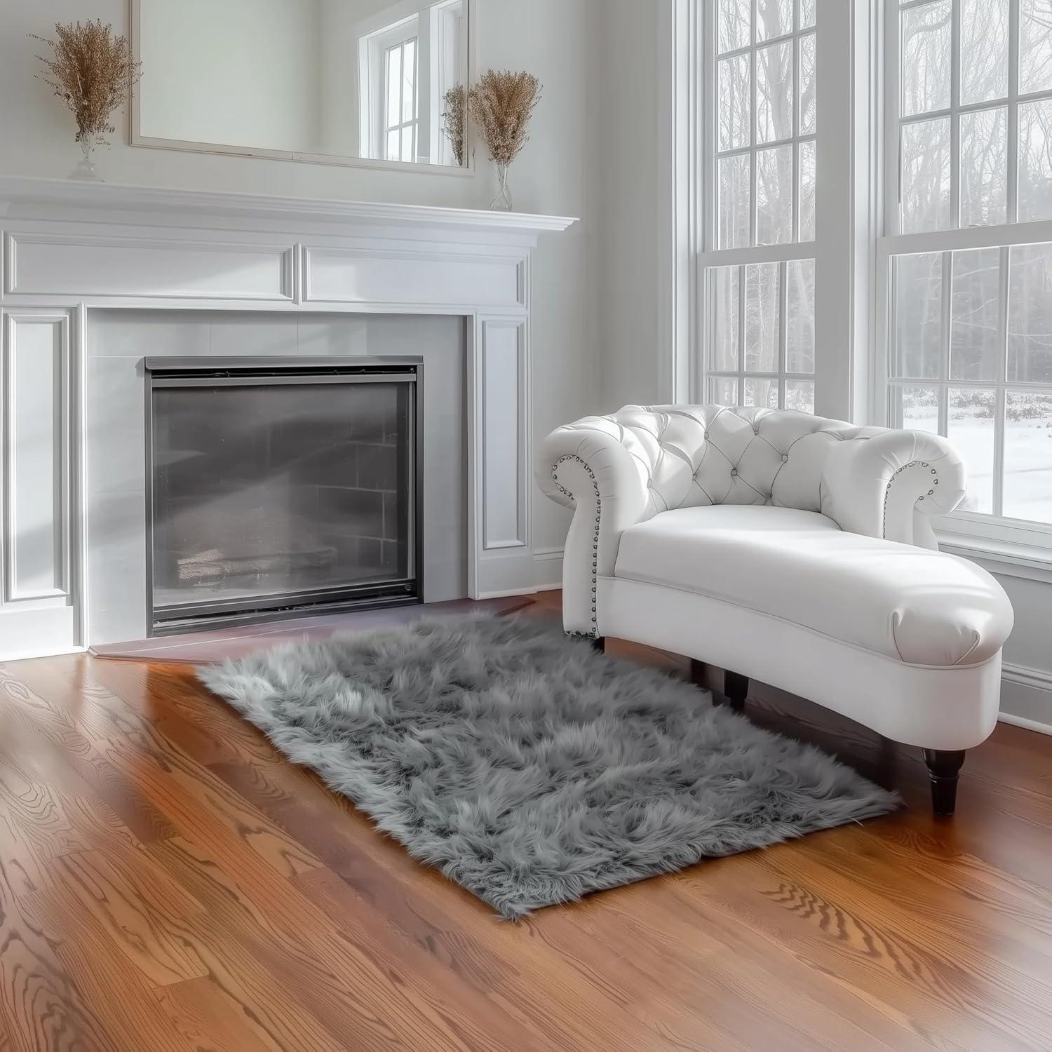 Diller Gray Faux Sheepskin Fur Machine Washable Shag Fluffy Area Rug
