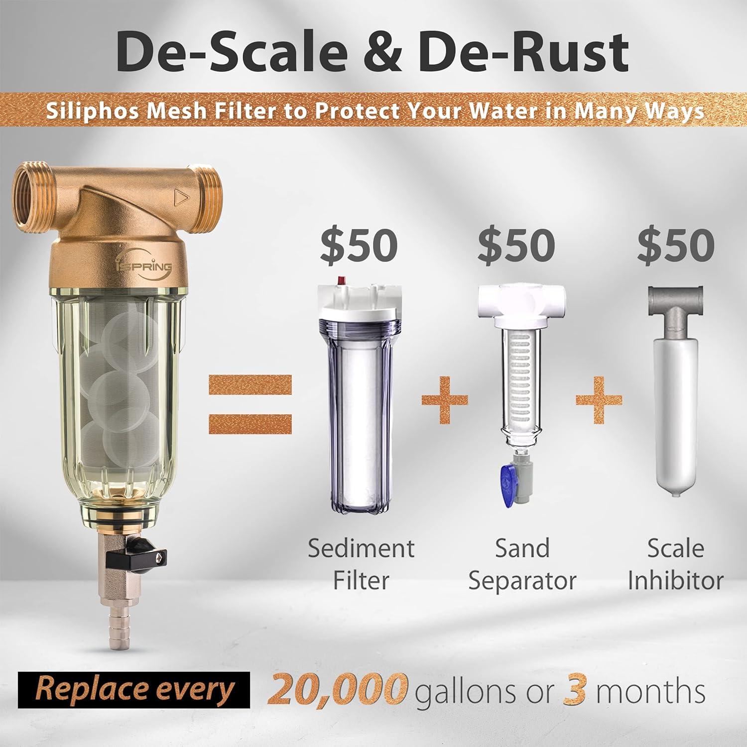 iSpring WSP-50SL Reusable Whole House Spin Down Sediment Water Filter Softener, Includes Siliphos Helps Prevent Scale and Corrosion, 1" MNPT + 3/4" FNPT, 50 Micron