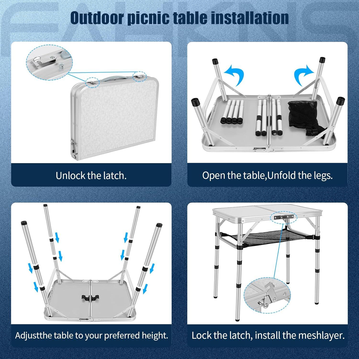 Small Adjustable Height Aluminum Folding Table with Mesh Storage