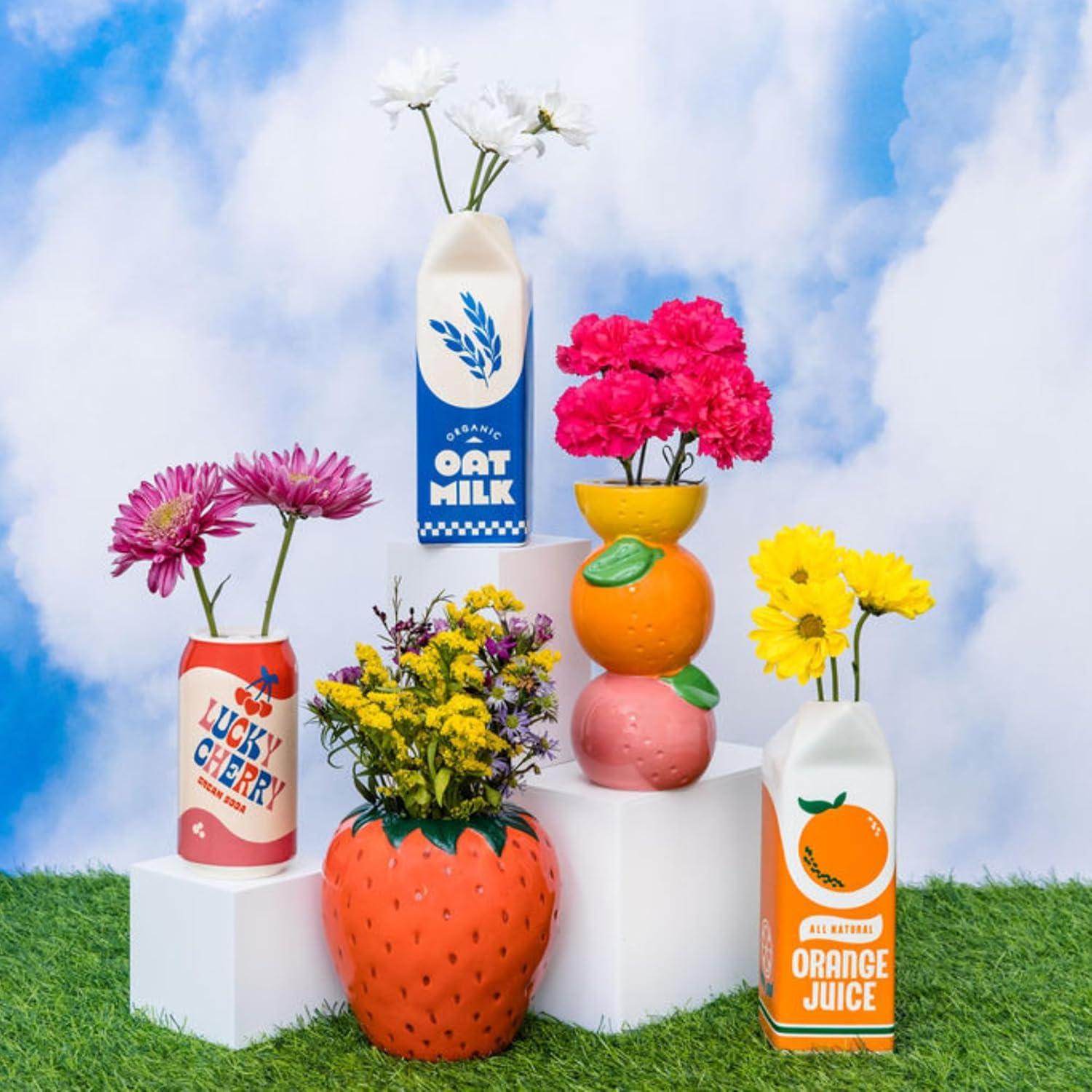 ban.do Vintage Inspired Rise and Shine Decorative Ceramic Vase, Unique Home/Kitchen/Office Accent, Oat Milk