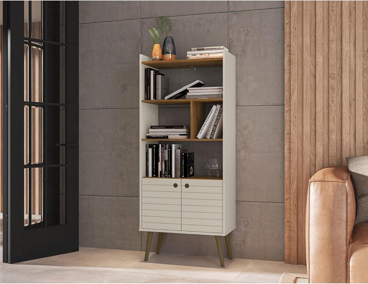 Mid-Century Modern White and Wood 3-Tier Bookshelf with Doors
