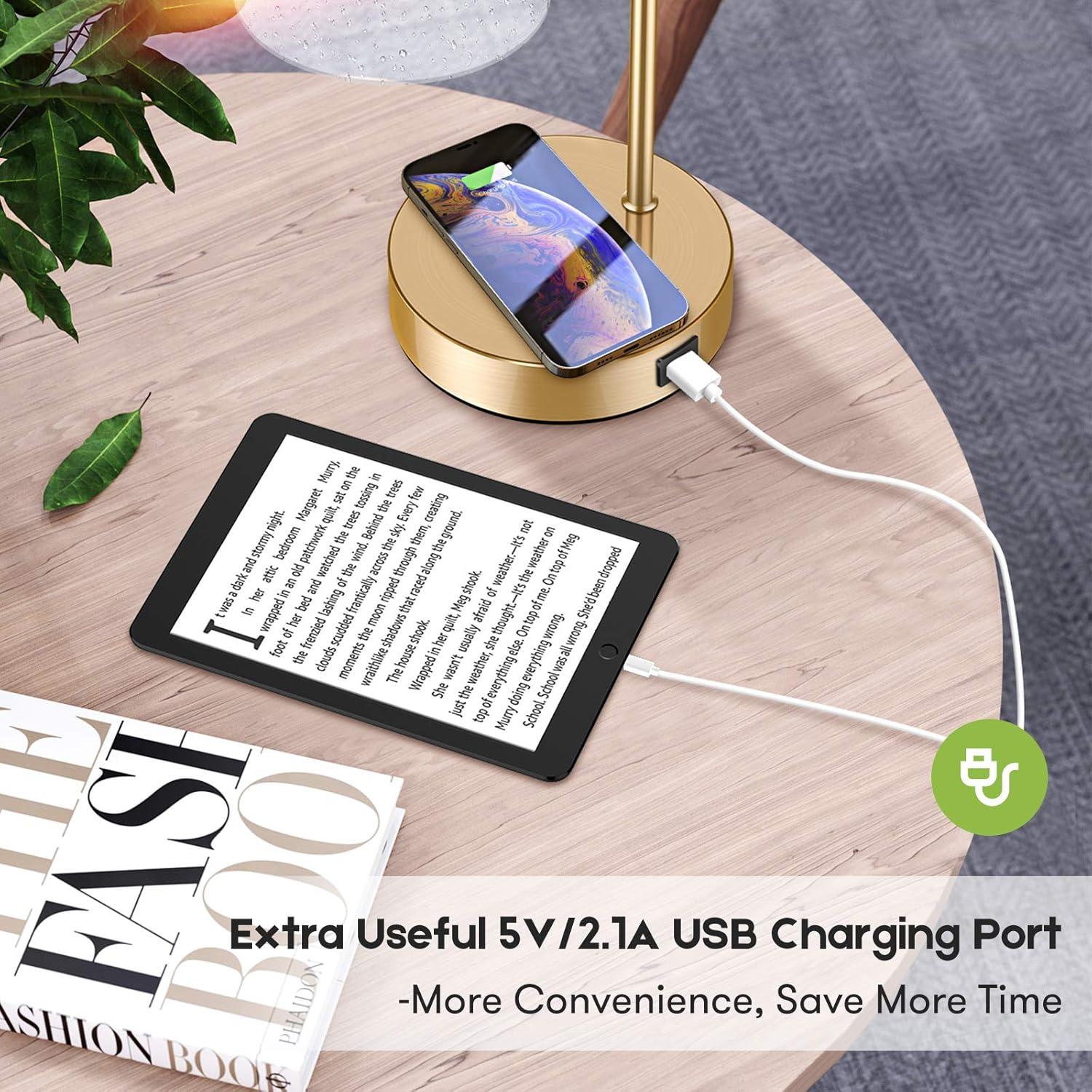 Set of 2 Wireless Charging Industrial Table Lamps Gold 3-Way Touch Control Dimmable Desk Lamp with USB Ports Bedside Lamp with Hanging Seeded Glass Shade for Office Bedroom Living Room, Bulbs Included