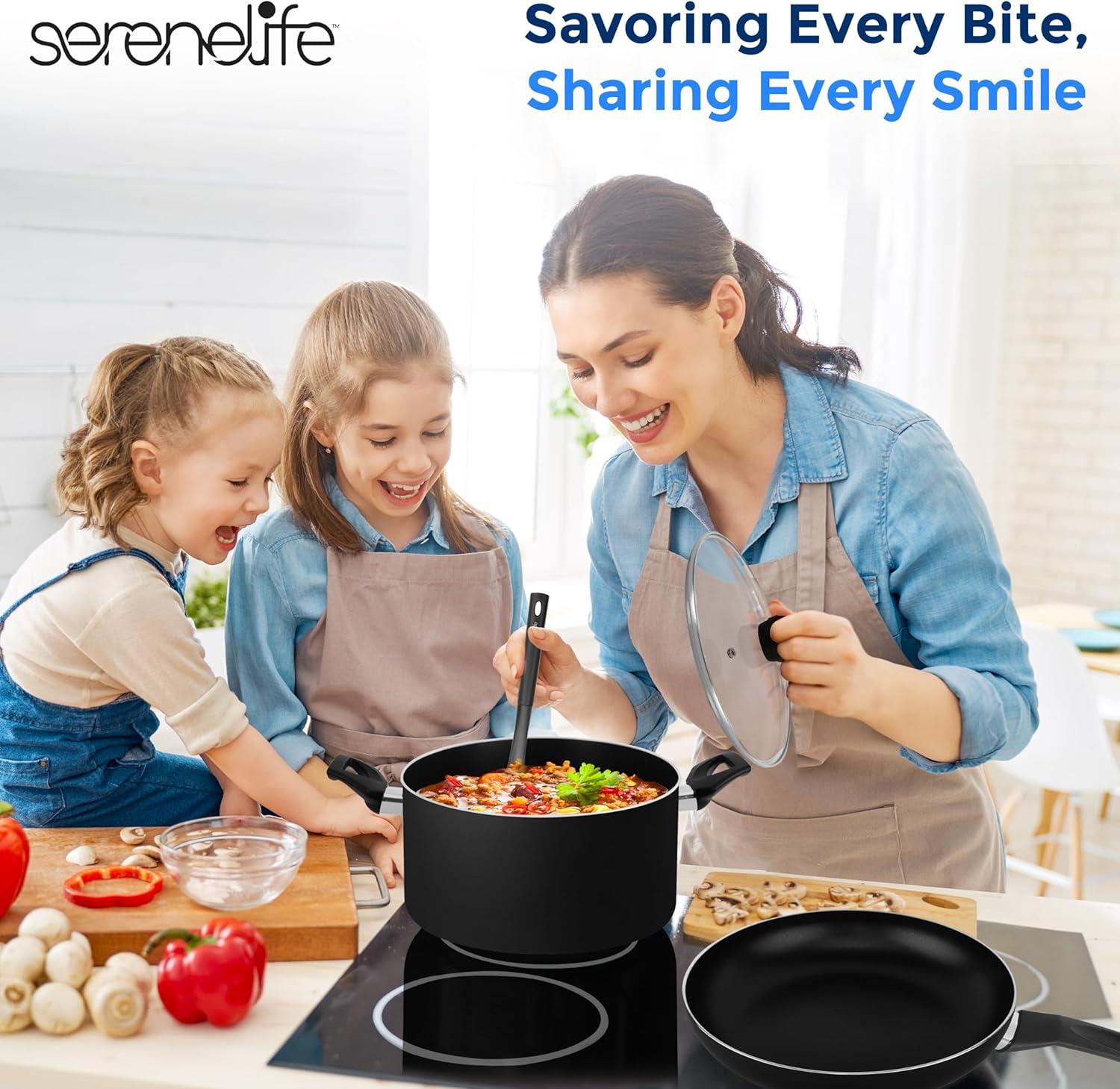 SereneLife 11 Piece Kitchenware Pots & Pans Set – Basic Kitchen Cookware, Black Non-Stick Coating Inside, Heat Resistant Lacquer (Black)