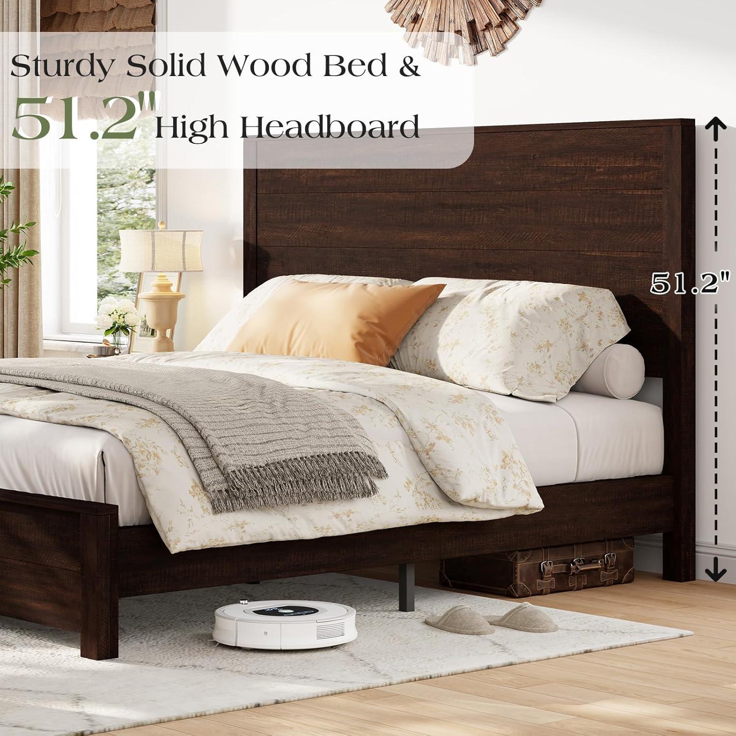 51.2" Solid Wood Bed Frame, Rustic Platform Bed With Spliced Headboard