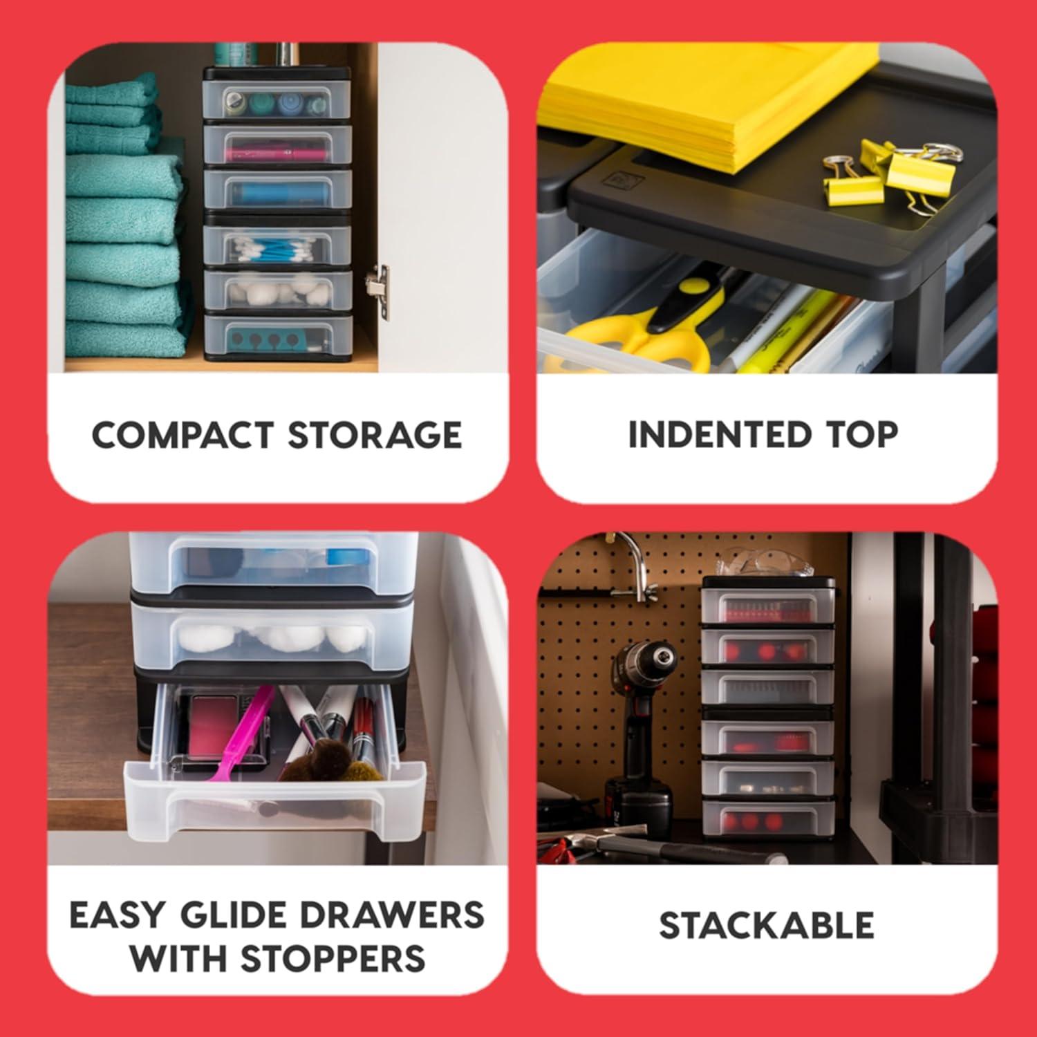 IRIS USA Medium 3-Drawer Stacking Desktop Organizer, 2 Pack, Plastic Drawer Storage Container for Stationery Art Craft Supplies Kitchen Office, Black