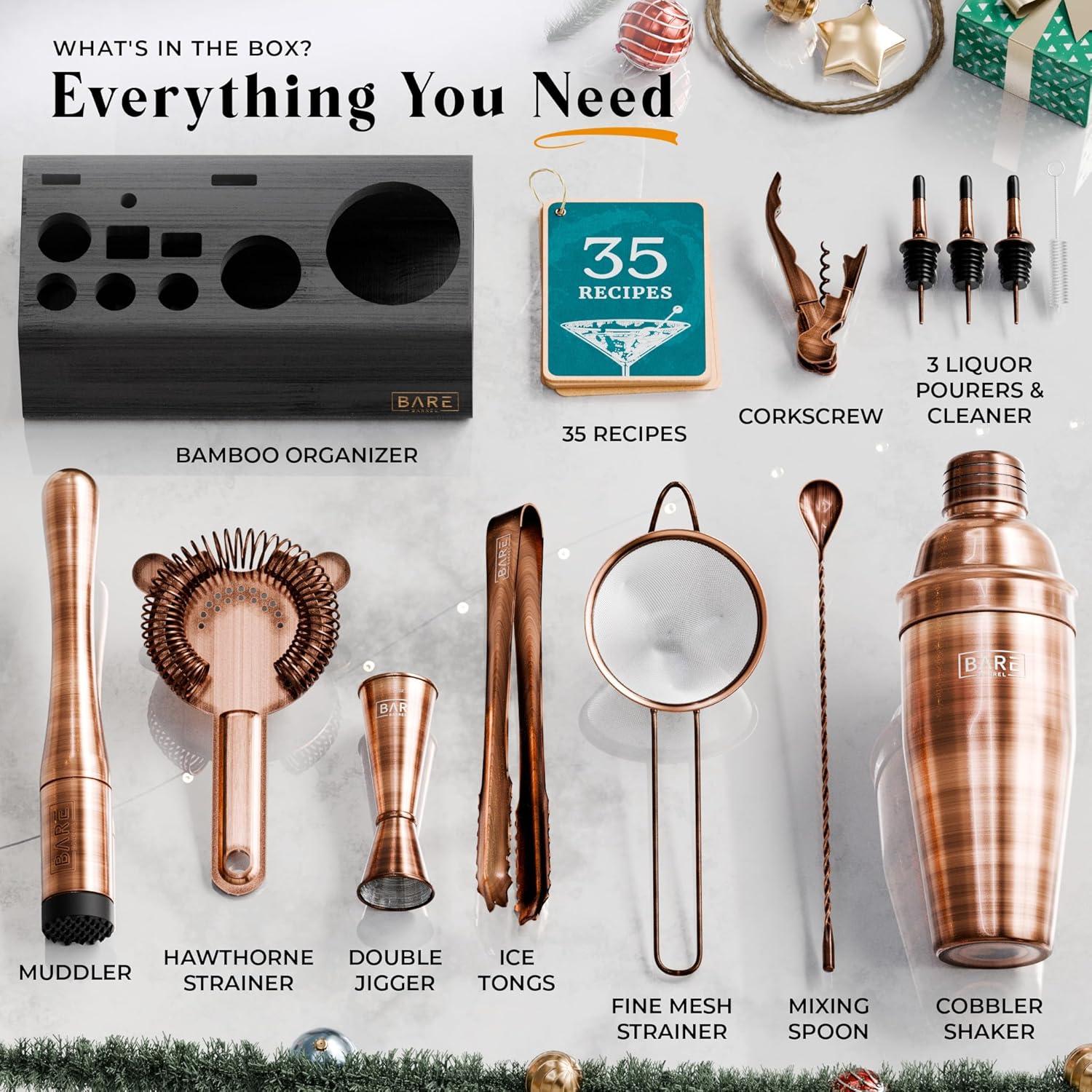 Mixology Bartender Kit Bar Set | 14-Piece Cocktail Shaker Set | Martini Barware Mixing Tools for Home Bartending | Incl. 35 Recipe Cards | Gift Set (24oz Cobbler Shaker, Gold/Black)