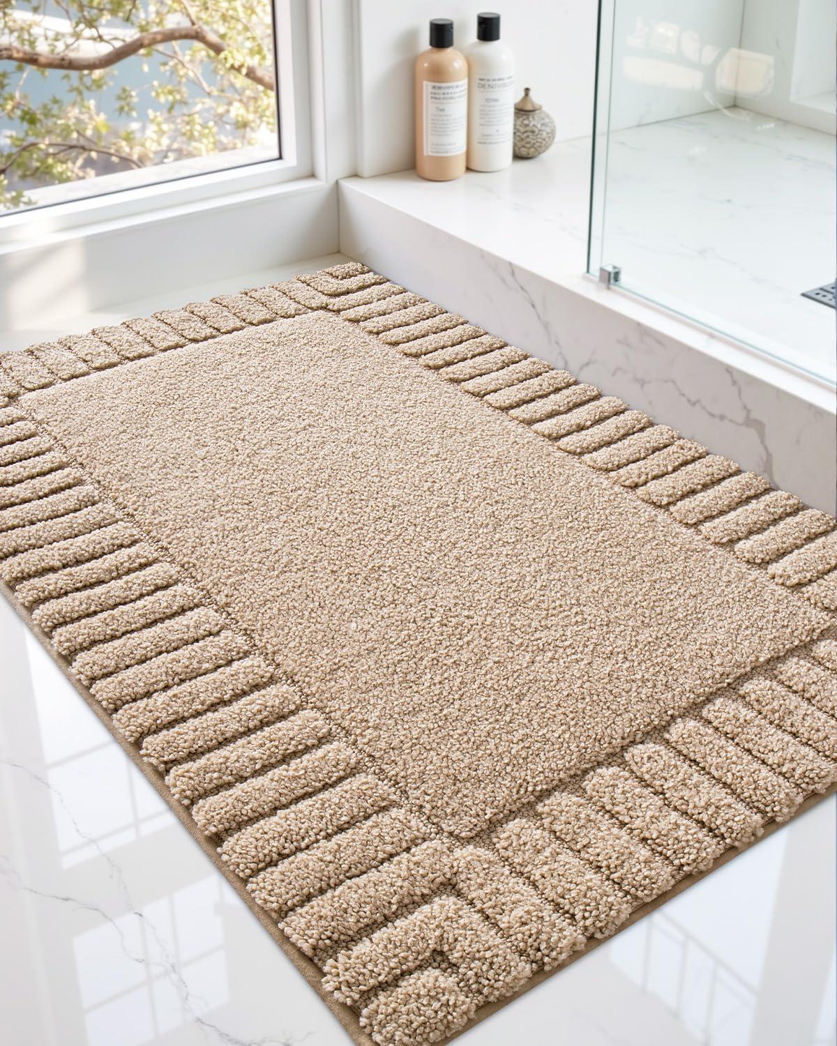 Smiry Microfiber Bathroom Rugs, 16"x24" Soft and Absorbent Bath Rugs, Non-Slip Machine Wash bath mats, Beige