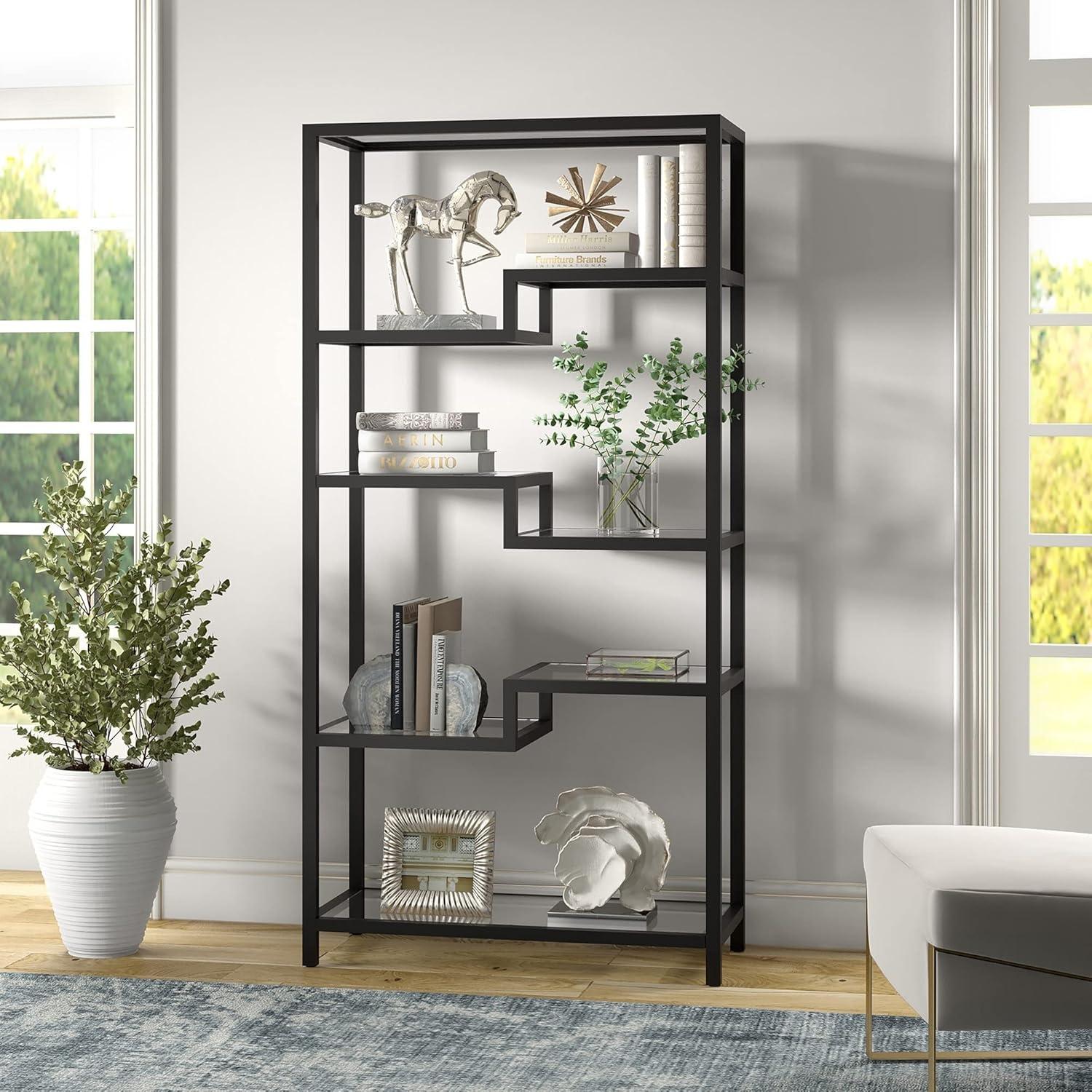 Johann Modern 68" Satin Nickel Metal and Tempered Glass Bookcase