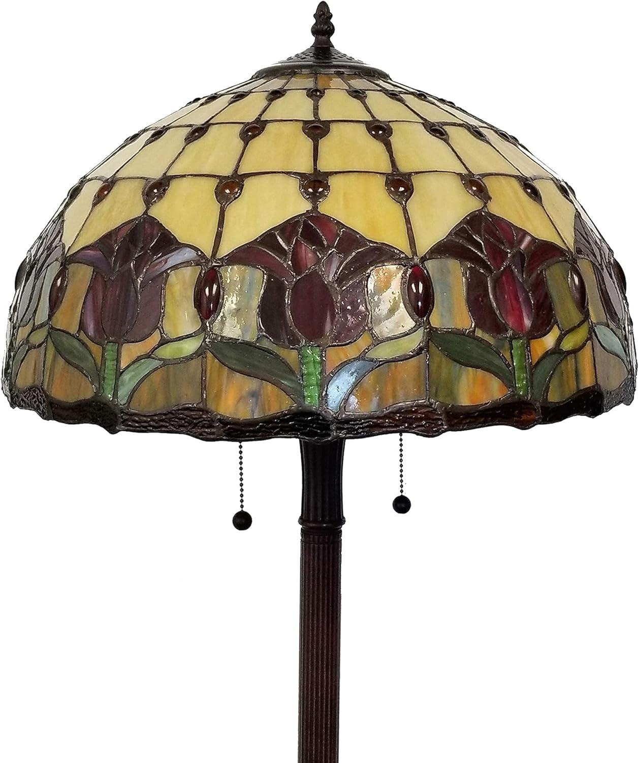 Tiffany Style Stained Glass Bronze Floor Lamp with Floral Print