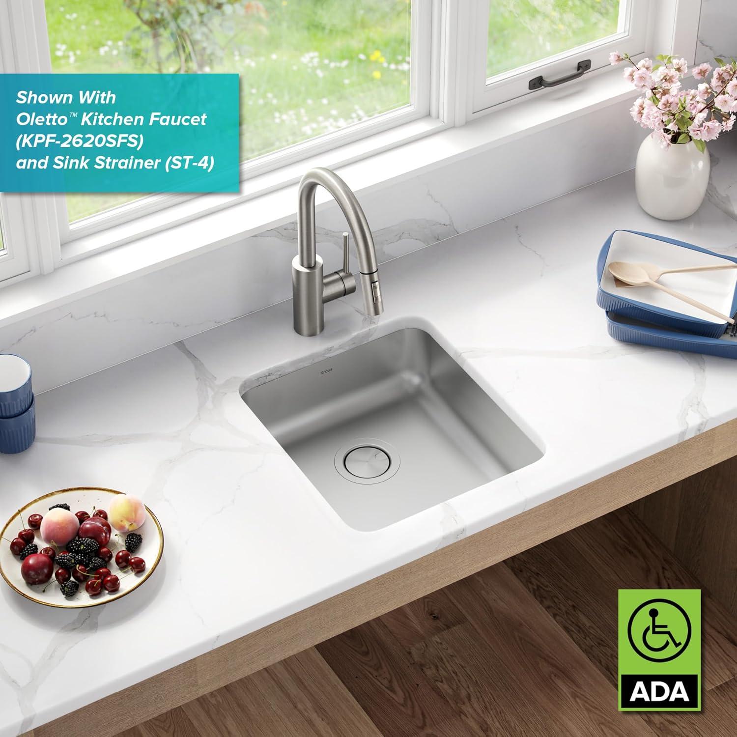 Dex™️ Series KRAUS 17" L Undermount 16 Gauge Stainless Steel Single Bowl Kitchen Sink