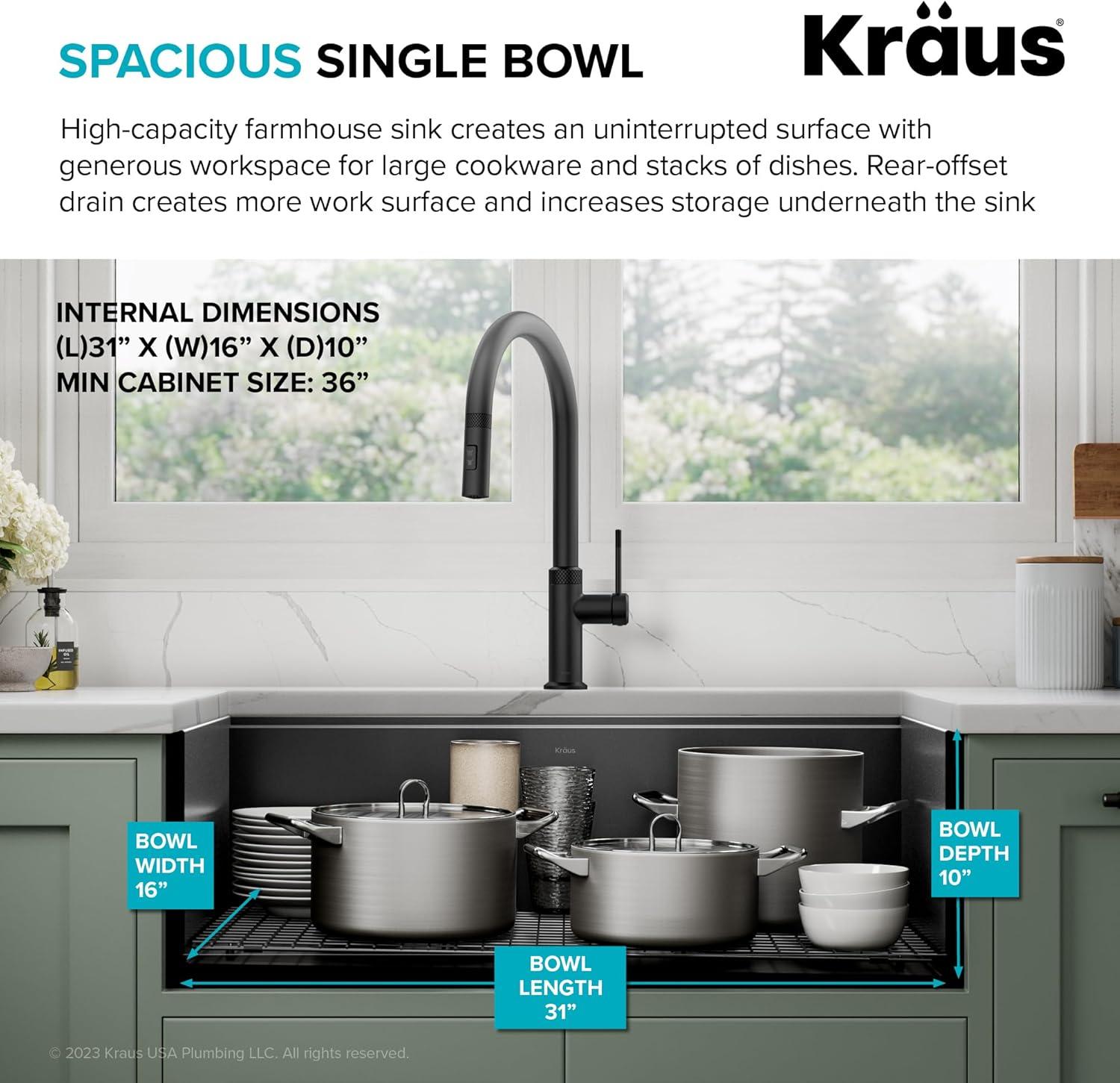 KRAUS Kore™ Workstation 33" L Farmhouse Modern Flat Apron Front 16 Gauge Black Stainless Steel Single Bowl Kitchen Sink