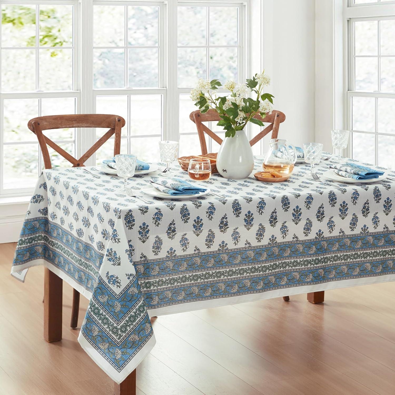 Tropez Block Print Stain & Water Resistant Indoor/Outdoor Tablecloth - Multicolor - 60x84 - Elrene Home Fashions
