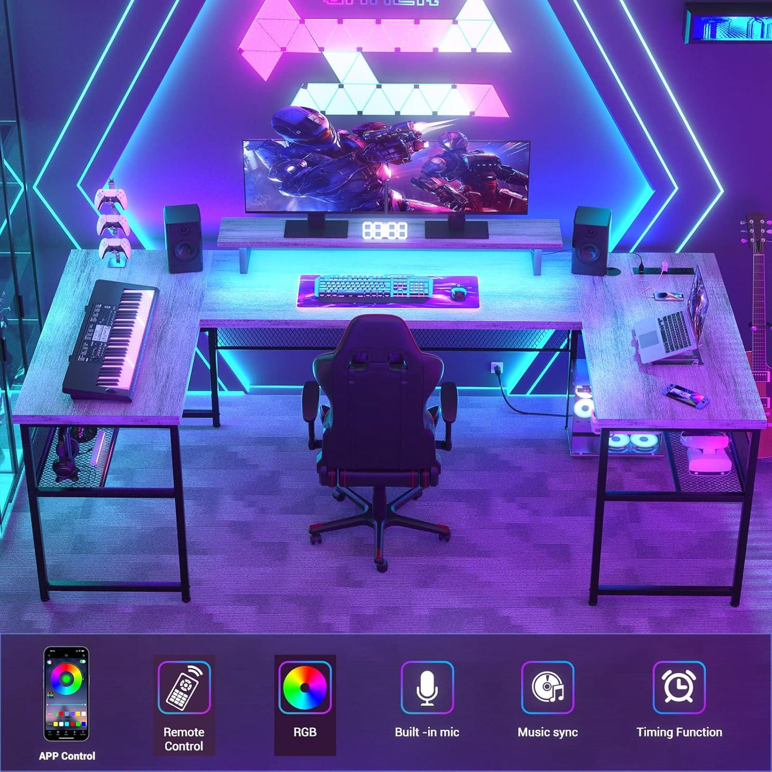 Unikito U Shaped Computer Desk with Power Outlet and LED Strip, Reversible L Shaped Office Desk with Monitor Stand and Bookshelf, Modern U- Shape Corner Desk, 130 Inch 2 Person Gaming Table, White Oak