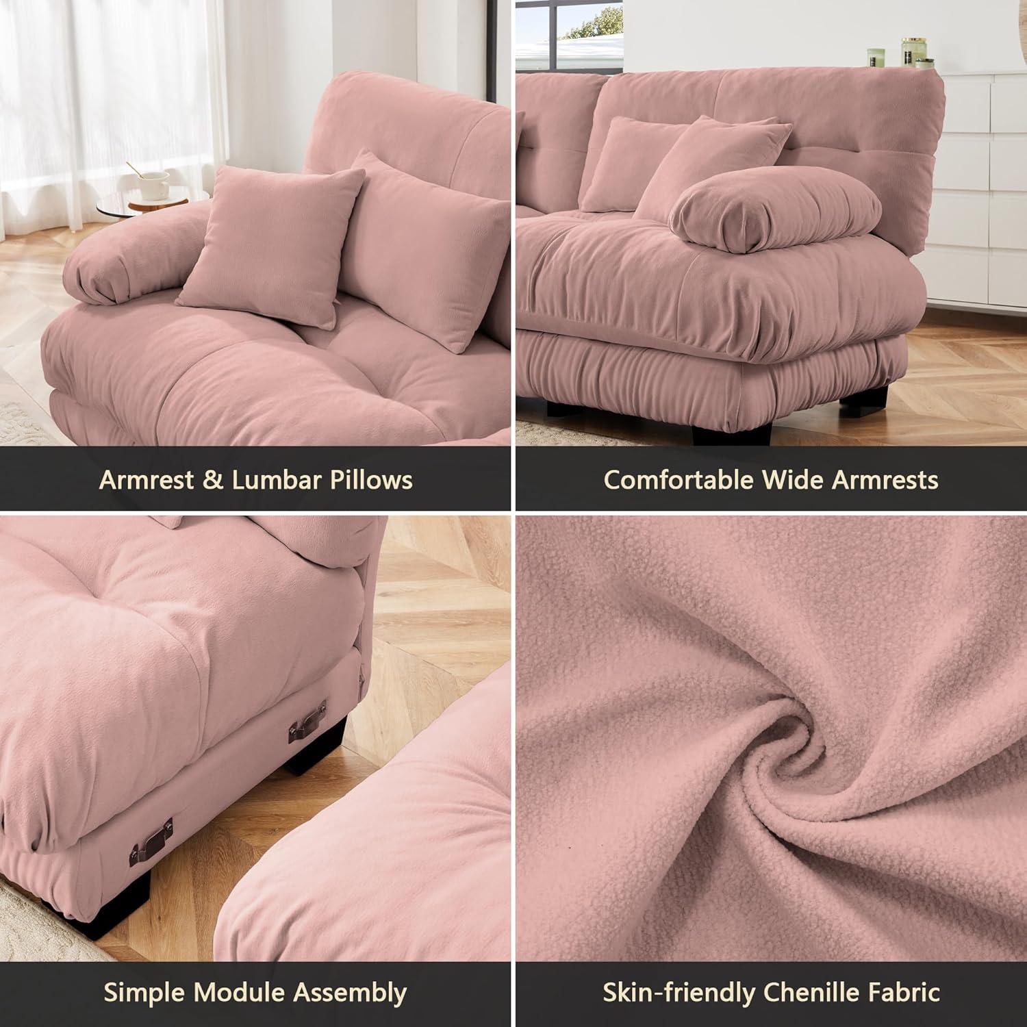FFH Loveseat with Ottoman, 94.4" Oversized Cloud Sofa, L-Shaped Sectional Couch for Living Room (Chenille Pink, 2 Seater with 1 Ottoman)