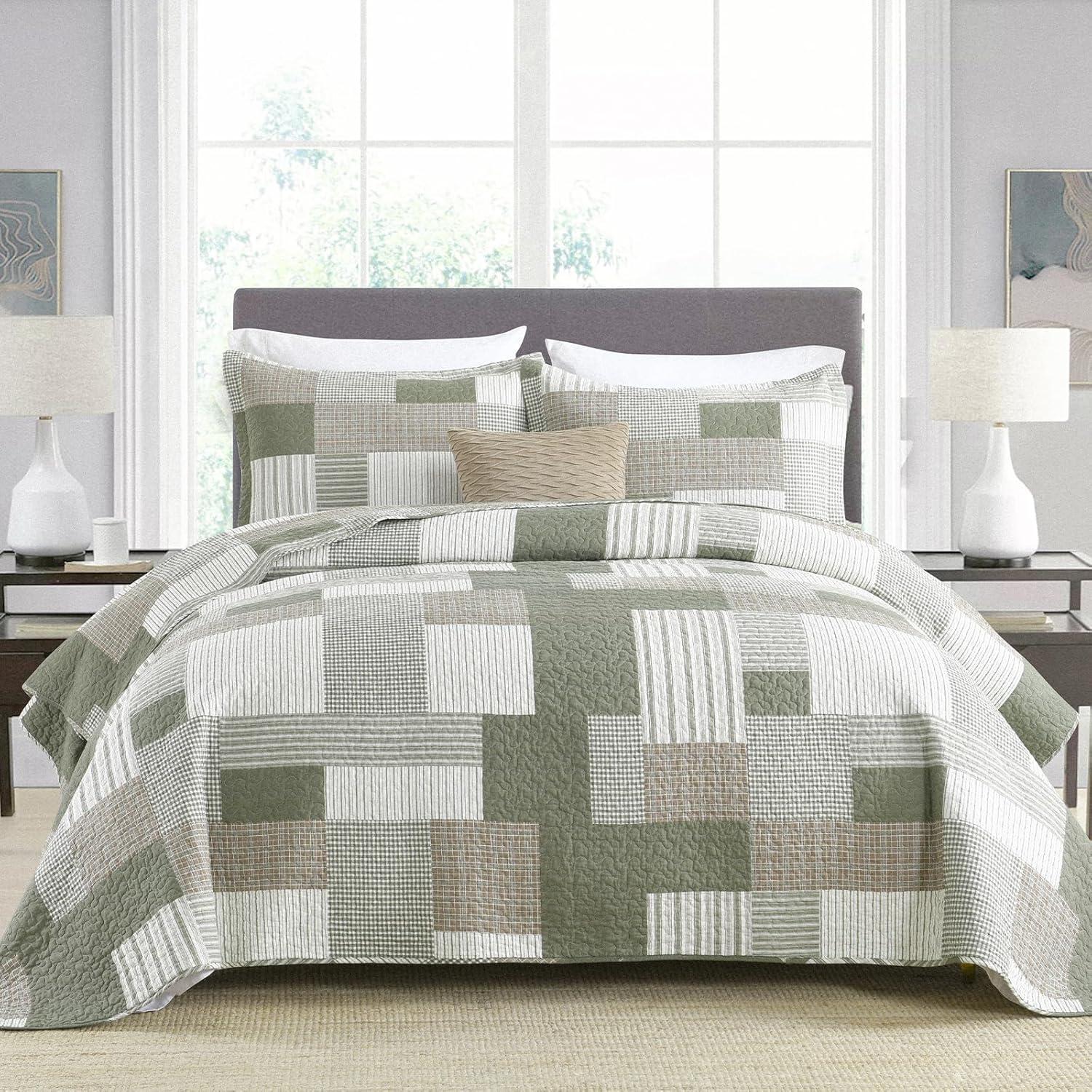 Y-PLWOMEN 100% Cotton Quilt King Size - Plaid Quilt Farmhouse Lightweight Quilted Bedspread, King Comforter Set, Soft Bed Spread for King Bed with Pillow Shams