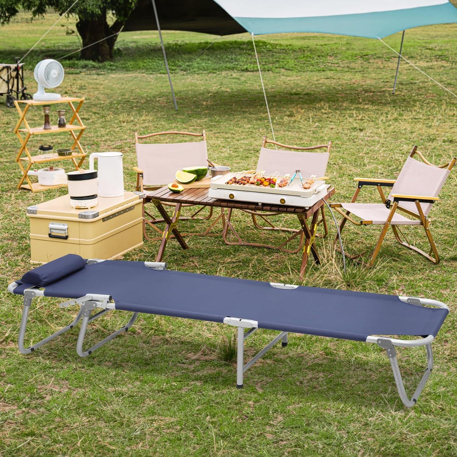 Navy Blue Adjustable Steel Frame Camping Cot