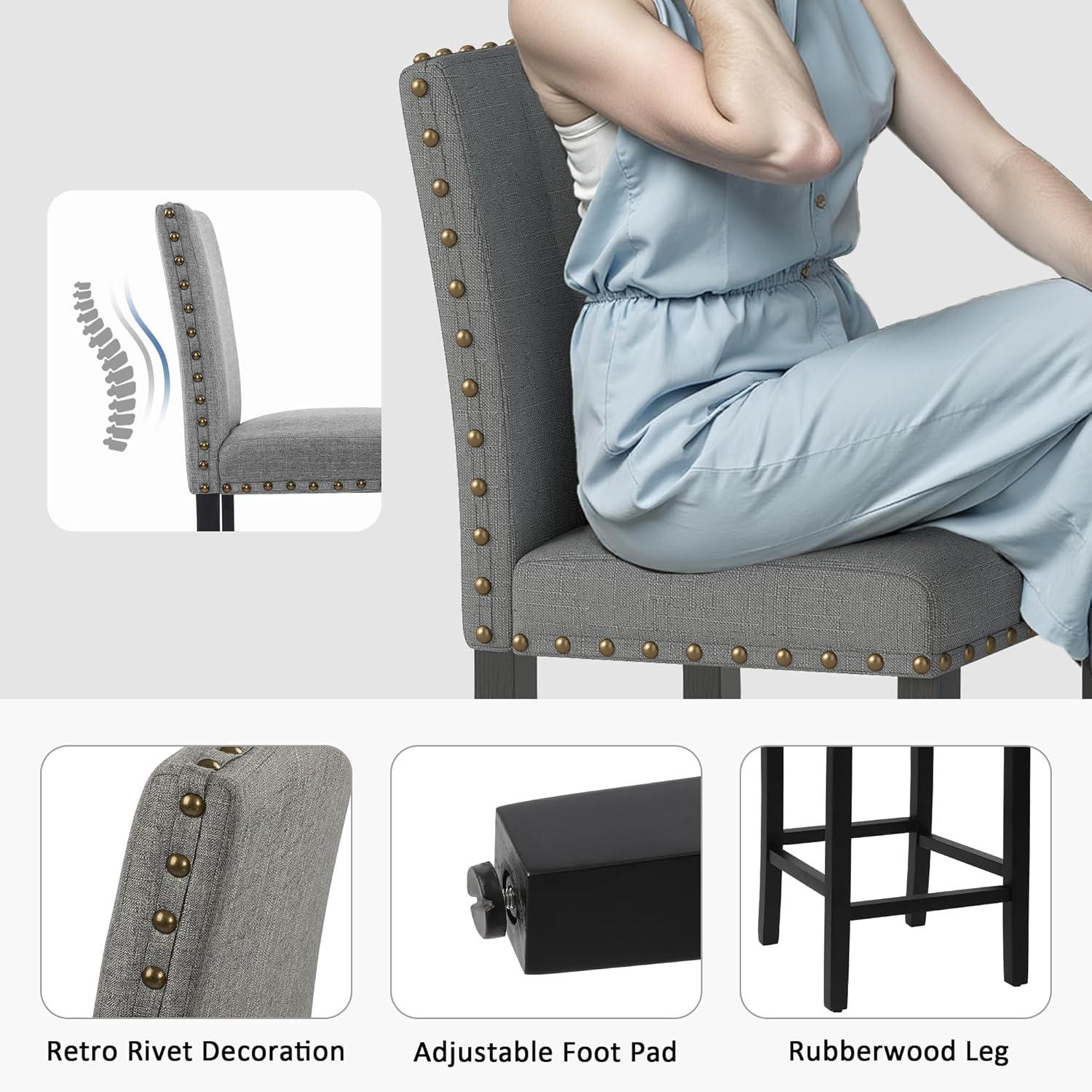 GOTMINSI Counter Height Bar Stool, Classic Upholstered 24 Inches Counter Height Stools Set of 4 barstools with Solid Wood Legs and Grey Fabric