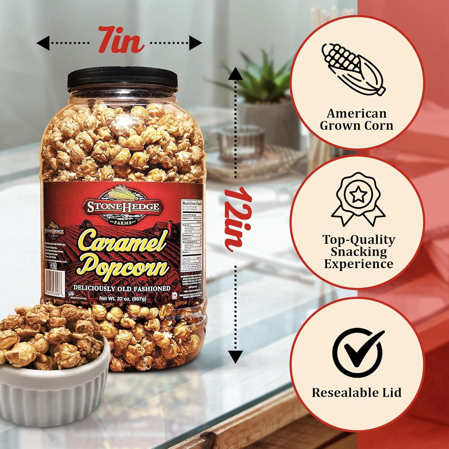 StoneHedge Farms Caramel Popcorn Deliciously Old Fashioned 32 oz. Tall Tub! 2 lbs. of Deliciousness! Made in the USA!