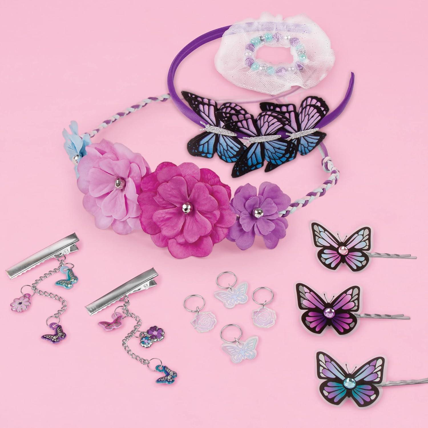 Make It Real: Crown Of Enchantment - DIY Jewelry Kit, Create Up To 12 Eye-Catching Charm Hair Accessories, Butterflies, Pink Purple Blue, 73 Pieces, All-In- 1 DIY KIT, Tweens & Girls, Kids Ages 8+