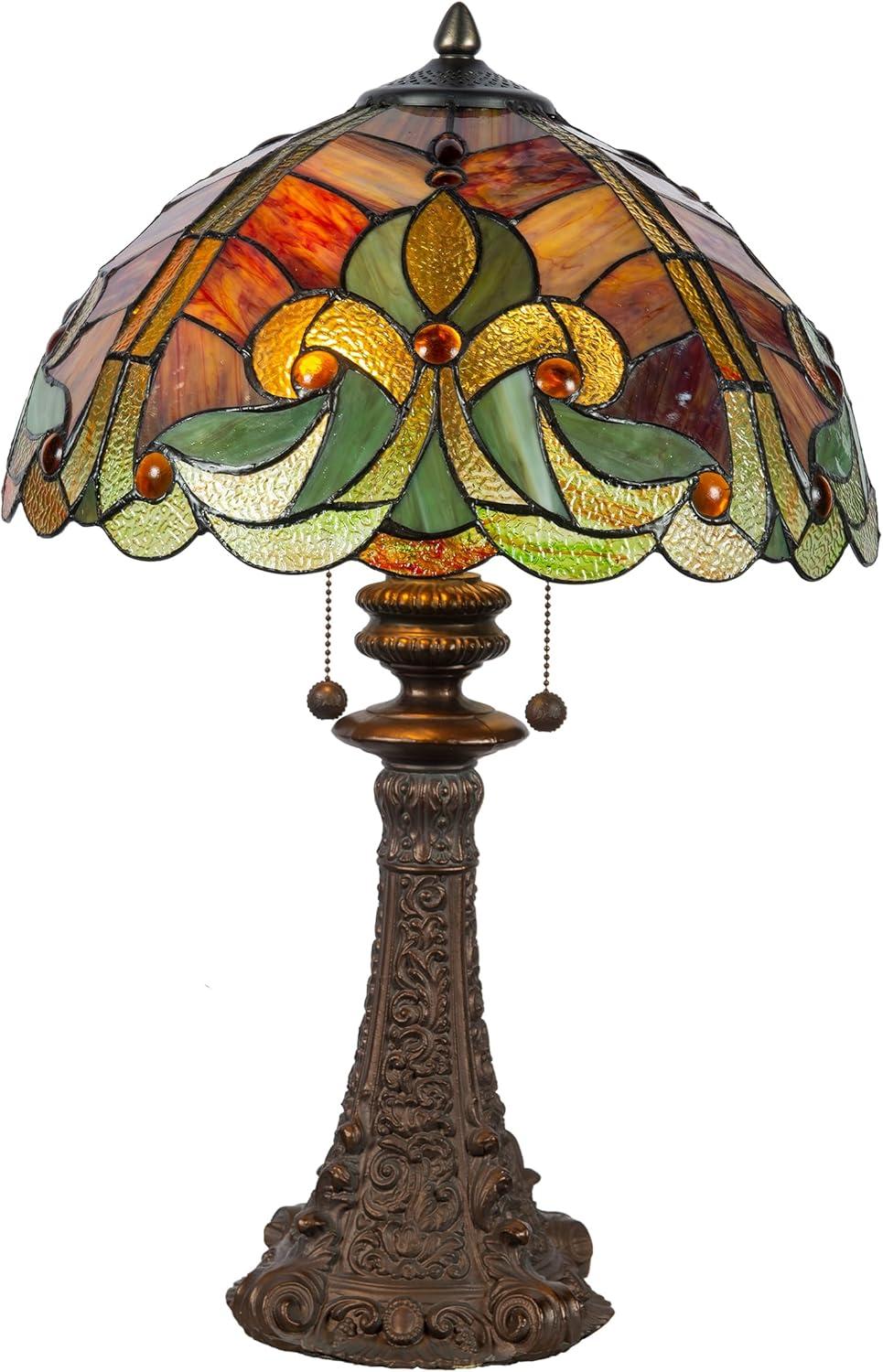 Antique Bronze Table Lamp with Stained Glass Shade