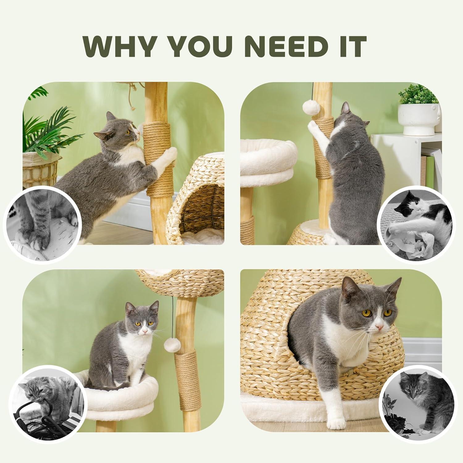 PawHut Cat Tree for Indoor Cats, 41" Cat Tower with Wooden Cat Scratching Posts, Cat Condo, Cat Beds & Toy Balls, Cream White