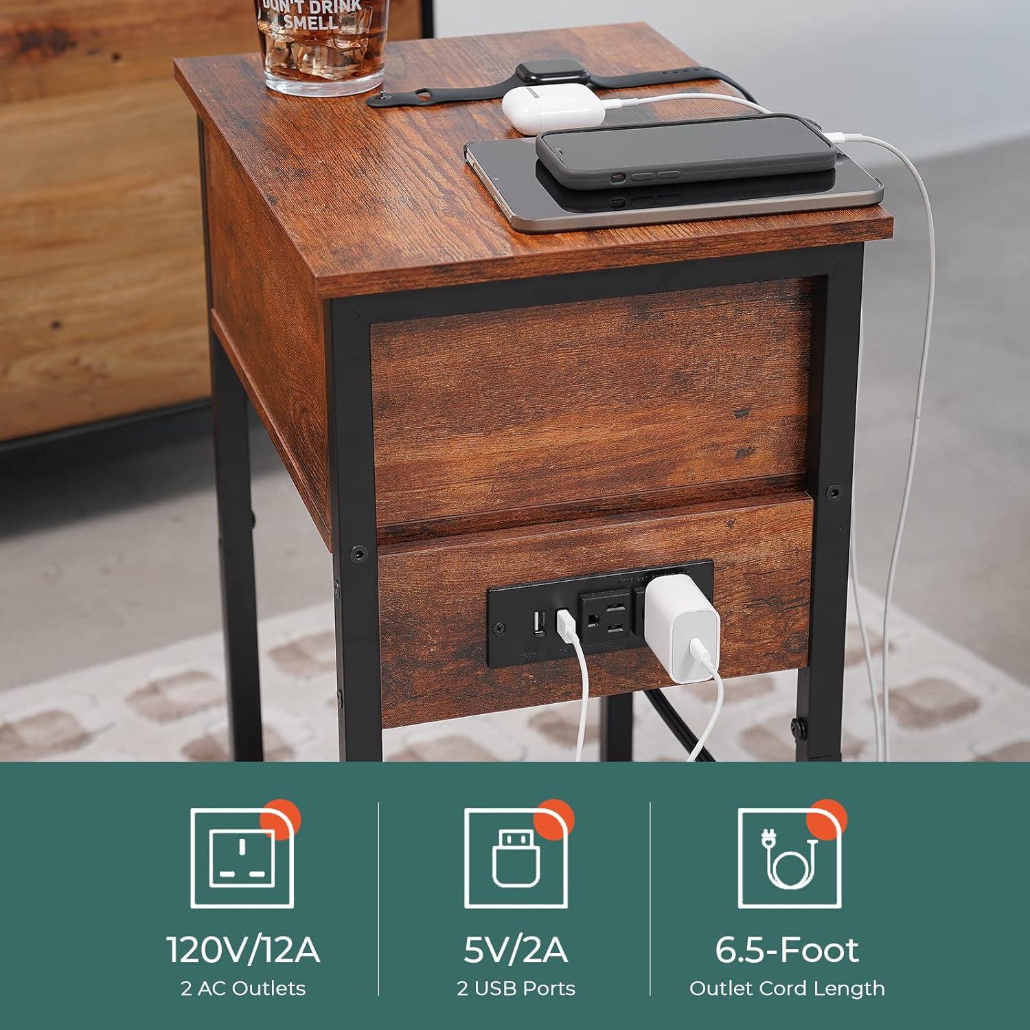 Yoobure Nightstand with Charging Station, Bedside Tables with Large Drawer and Storage Shelf, Bed Side Table/Night Stand with USB Ports & Outlets, Industrial Side Table End Table for Bedroom, White