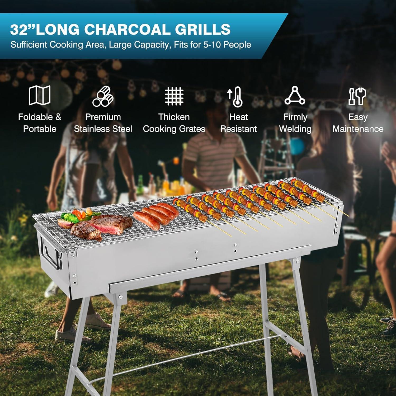 Portable Charcoal Grills, 32" x 8" Stainless Steel Folded Camping Grill Kebab Skewer BBQ Barbecue Grill Kit for Garden Backyard Party Picnic Travel Home Outdoor Cooking Use