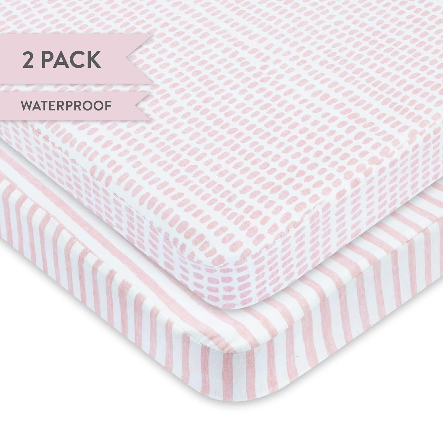 Ely's & Co. Baby Fitted Waterproof Crib Sheet  100% Combed Jersey Cotton  Mauve Pink Stripes & Splash 2 Pack