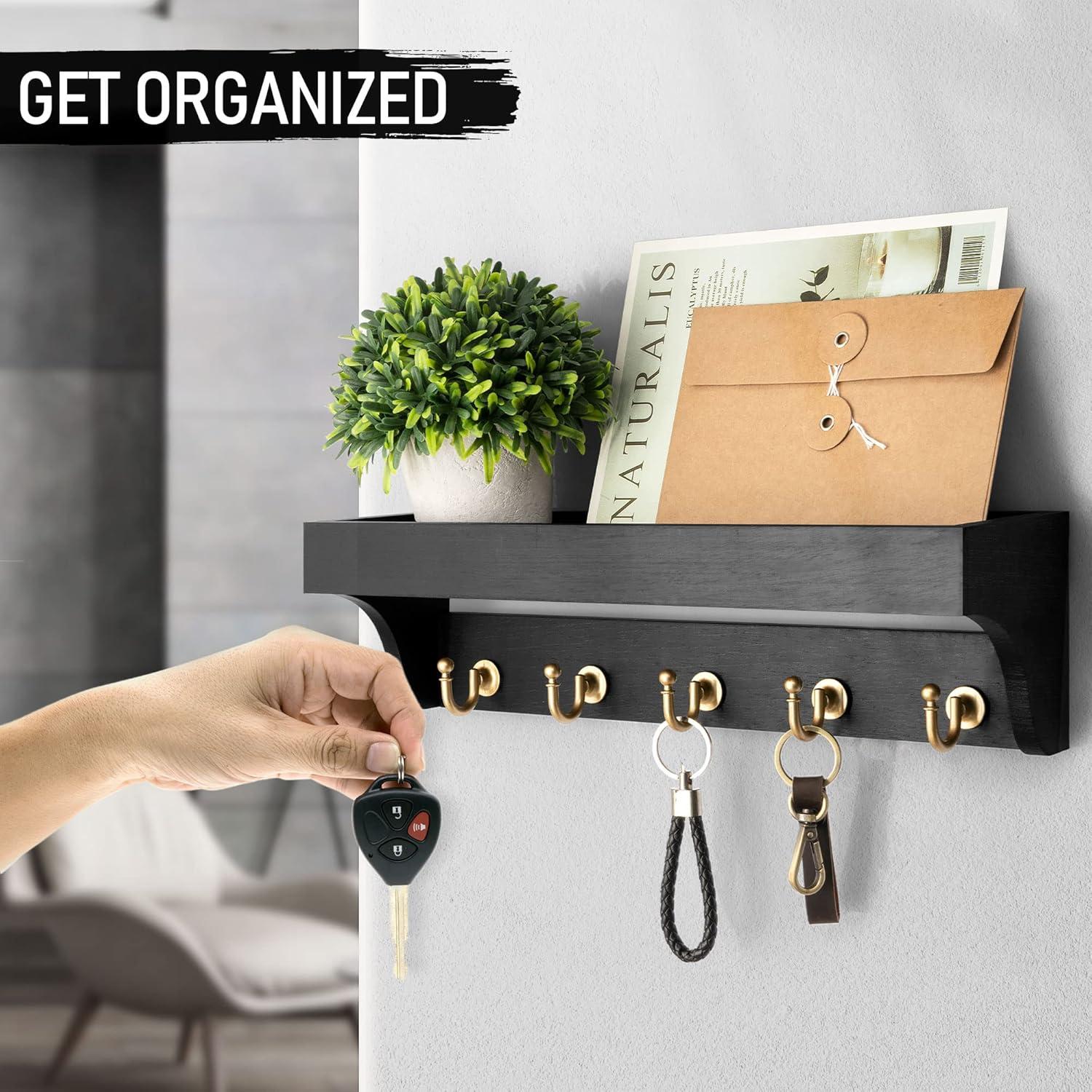 Rebee Vision Decorative Key Holder Wall Mount with Shelf - Modern Mail Organizer with 5 Key Hooks (Black)