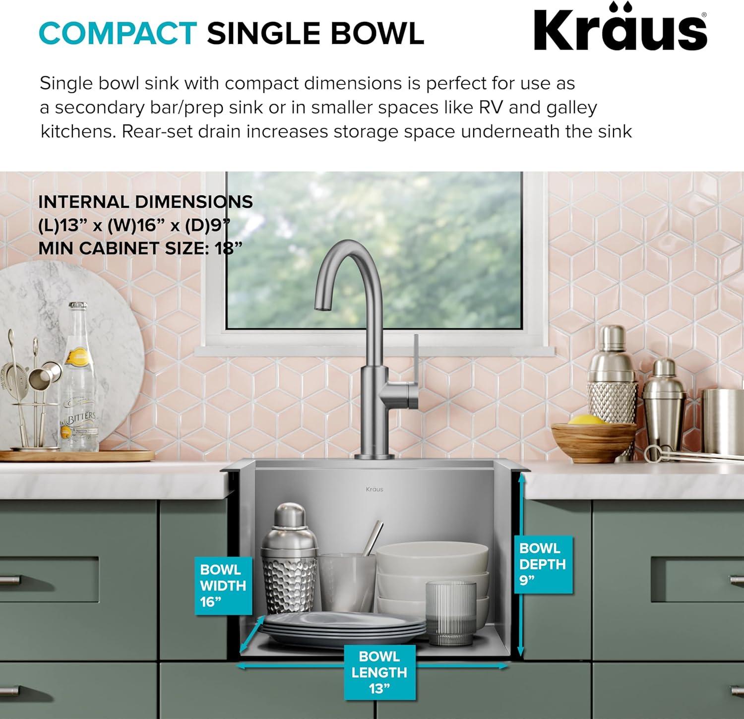 KRAUS® Kore 15" Drop In / Top Mount Workstation 16 Gauge Single Bowl Stainless Steel Bar Kitchen Sink with Accessories