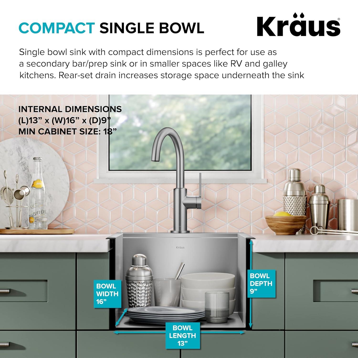 Kraus KWT311-15 KRAUS® Kore 15" Drop In / Top Mount Workstation 16 Gauge Single Bowl Stainless Steel Bar Kitchen Sink with Accessories