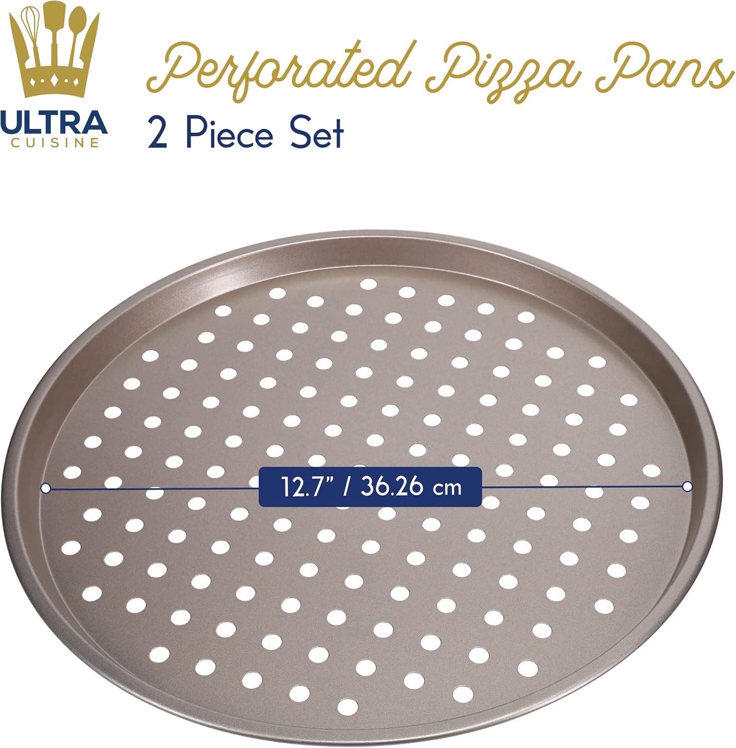 Ultra Cuisine Large Round Carbon Steel Perforated Pizza Pan with Holes, Nonstick, 13in, Champagne
