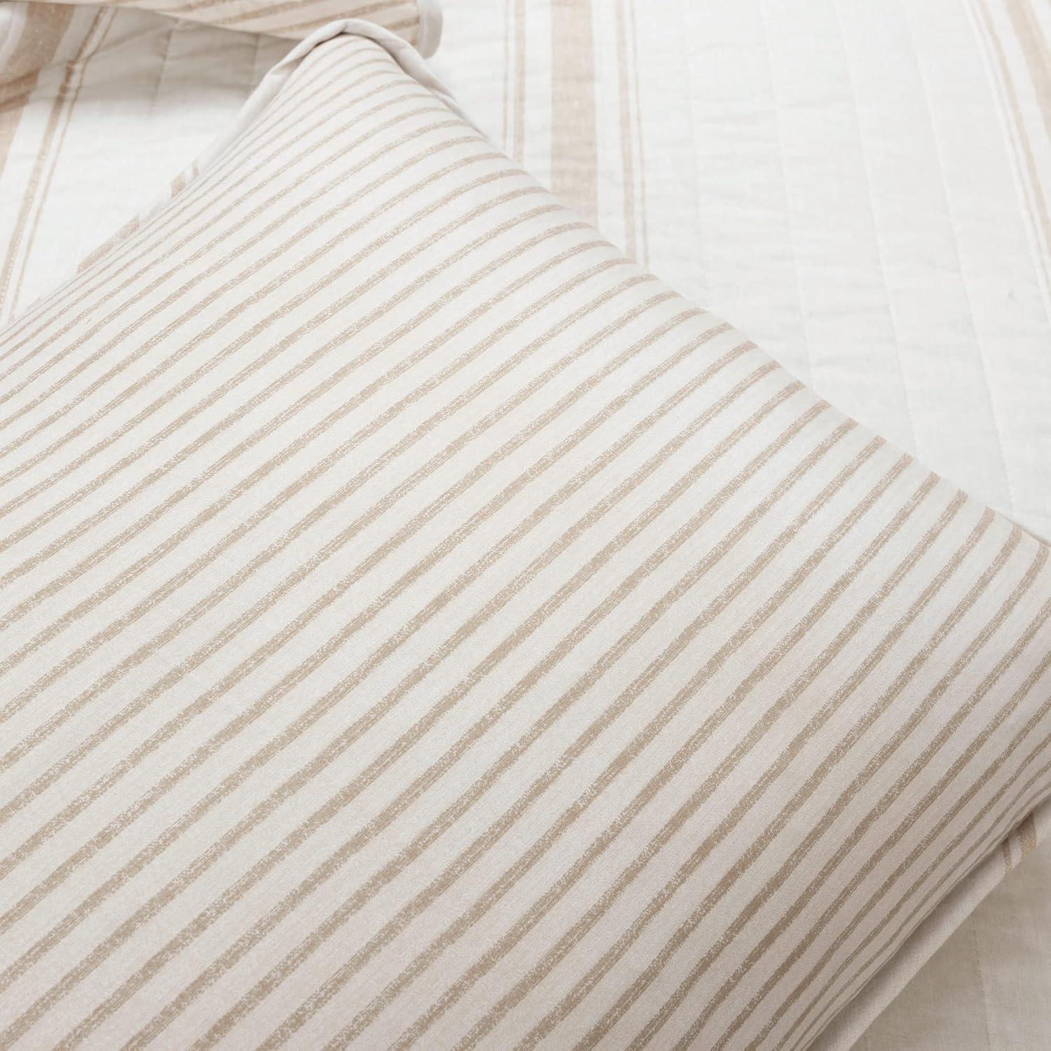 3pc Full/Queen Farmhouse Striped Reversible Quilt Bedding Set Beige - Lush Décor