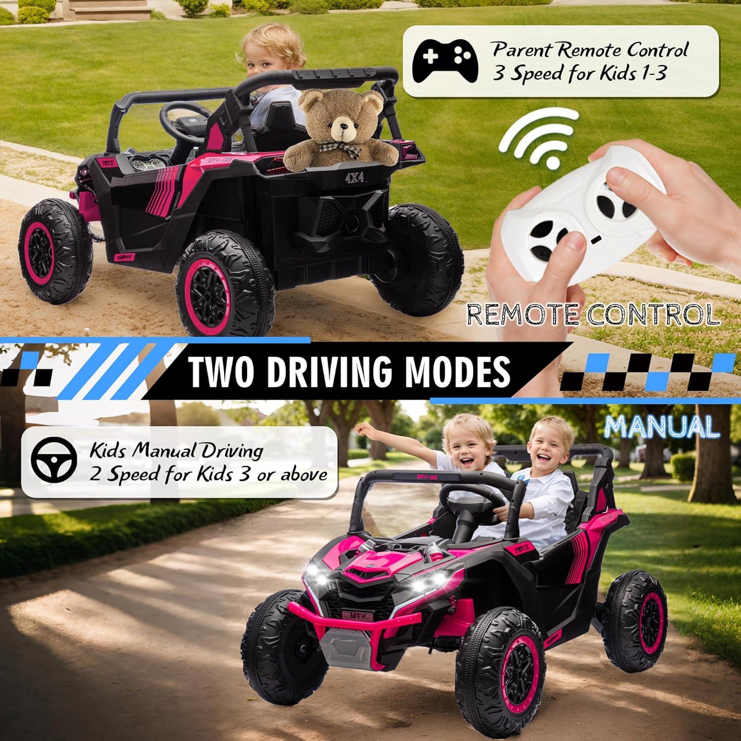 BCARORUR 24V 7AH 2 Seater Ride on Toys for Big Kids w/ 20" Large Seat, Remote Control, Bluetooth, 2X200W Powerful Motors, MP3, Lights, Power Car Wheels for Boys Girls, Pink