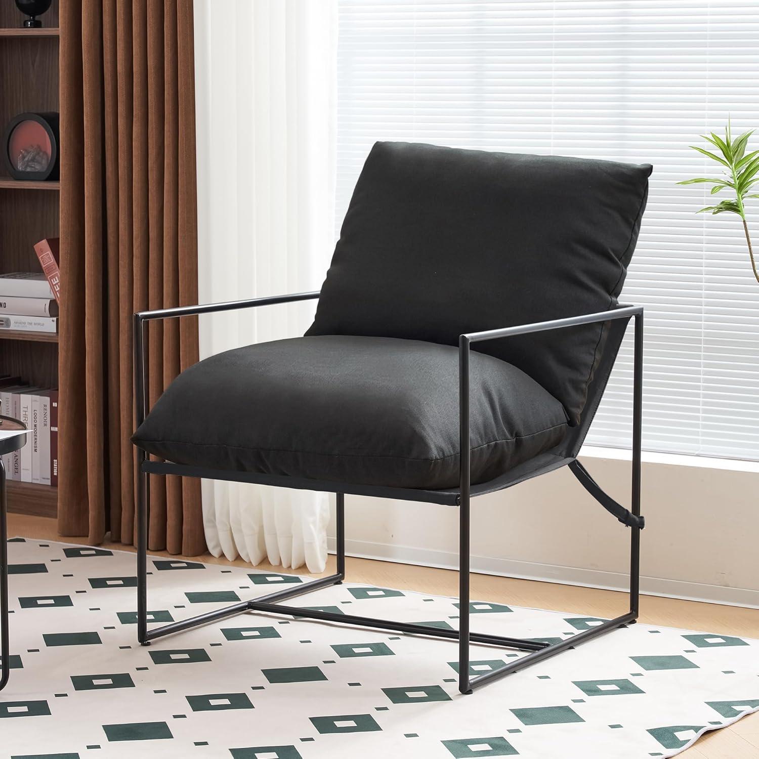 Mid Century Modern Accent Chair, Metal Framed Armchair, Sling Accent Chair with Microfiber Fabric Upholstery for Living Room Bedroom Home Office, Minimalist Style(Black)